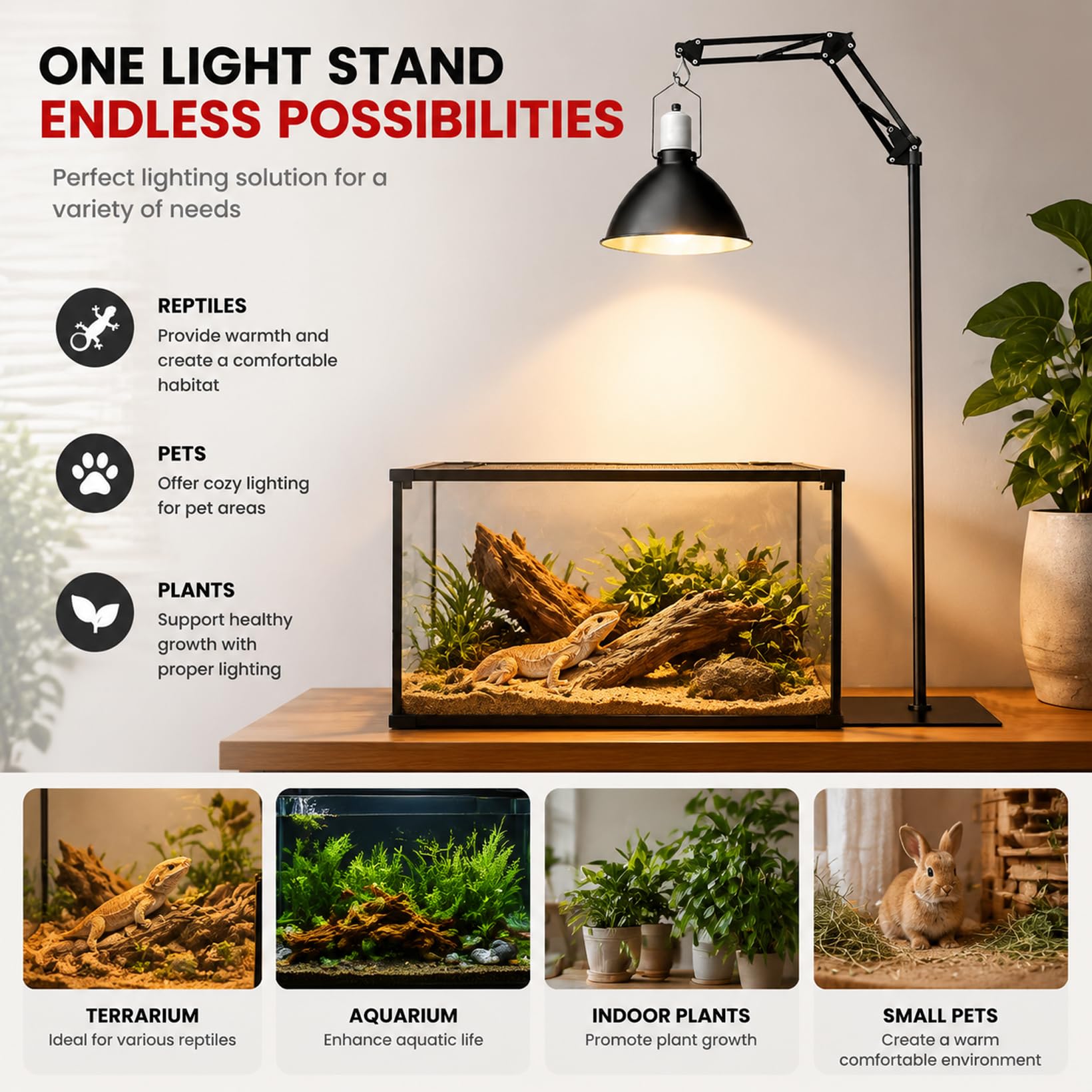 Soporte para lámpara de reptiles, 40 – 180 cm, ajustable, para reptiles | Lámpara de calor con rotación de 360°, tortugas con base, iluminación para terrarios y viveros