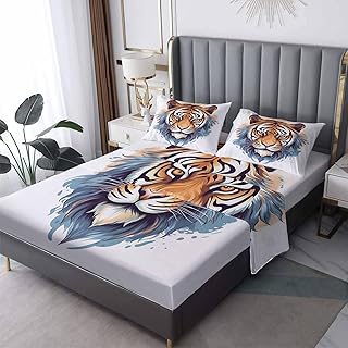 GEDAEUBA Tiger Sheets Queen Size - Wild Animal Bed Sheets for Kids Boys Girls, Wildlife Sheet Set, Soft Microfiber & Deep Pocket & Wrinkle Free Fitted Sheet, Flat Sheet and Pillow Cases