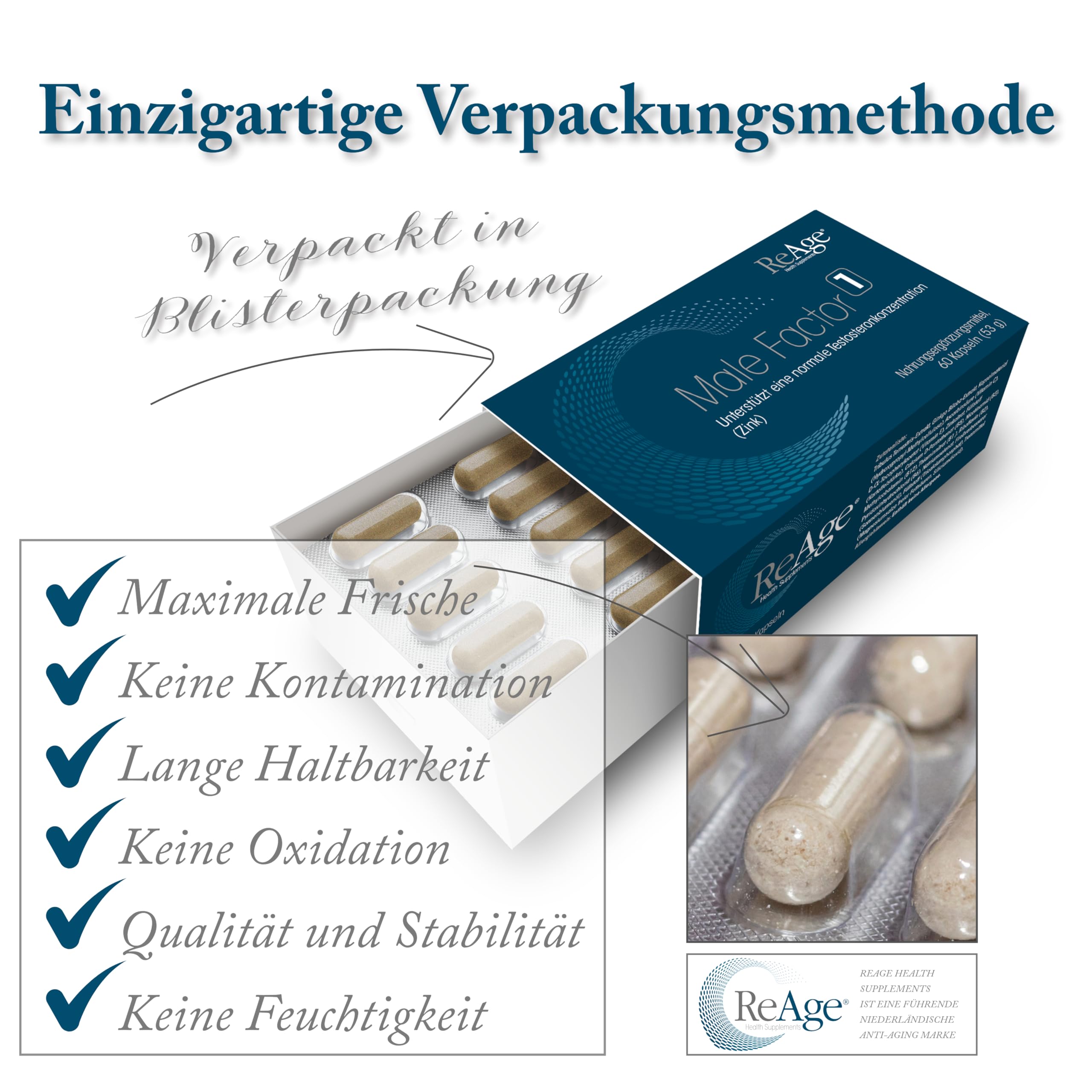 Male Factor 1 für MÄNNER | ZINK und SELEN | 100% natürliche Inhaltsstoffe | Für Muskelwachstum, Kraft & Energie | 60 Kapseln ReAge