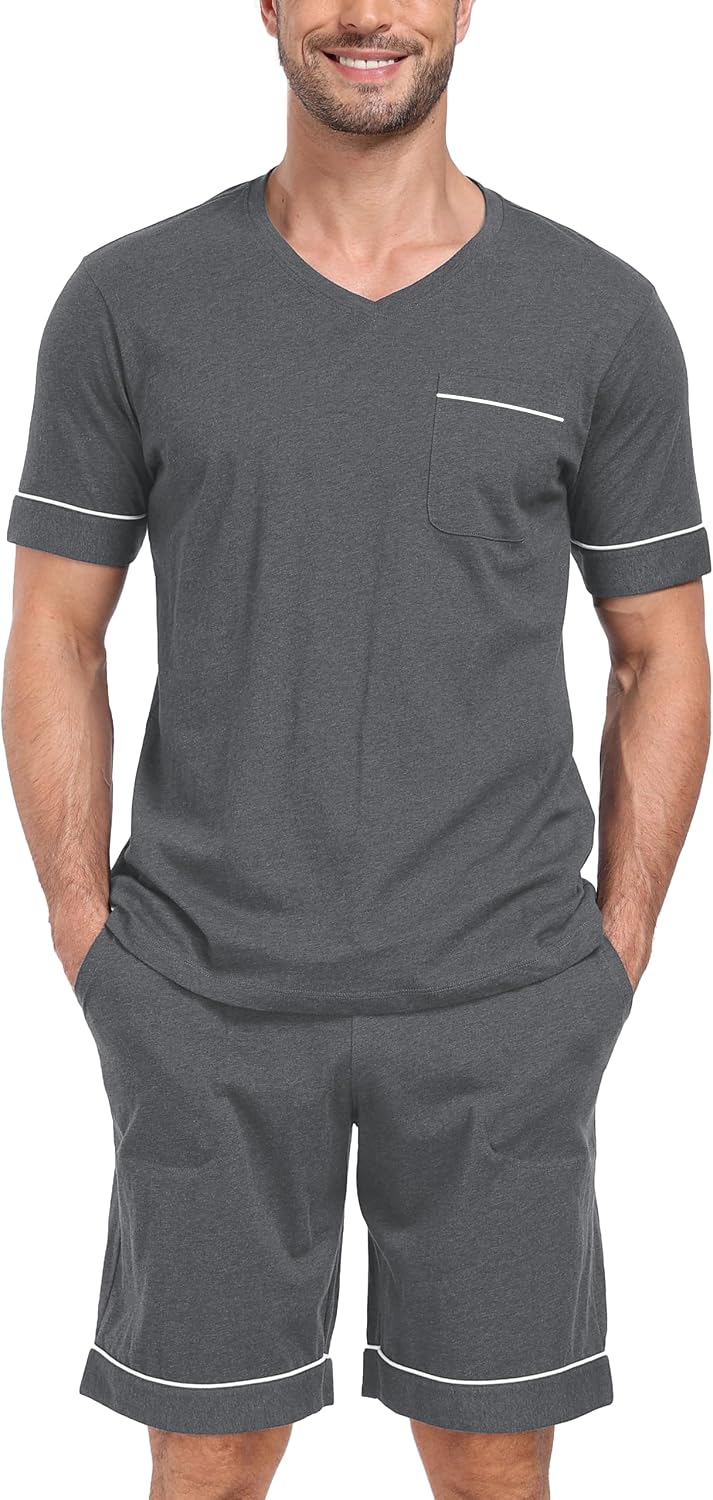 CF Mens Pajamas Set Shorts 100% Cotton Pajamas Short Sleeve Pj Set