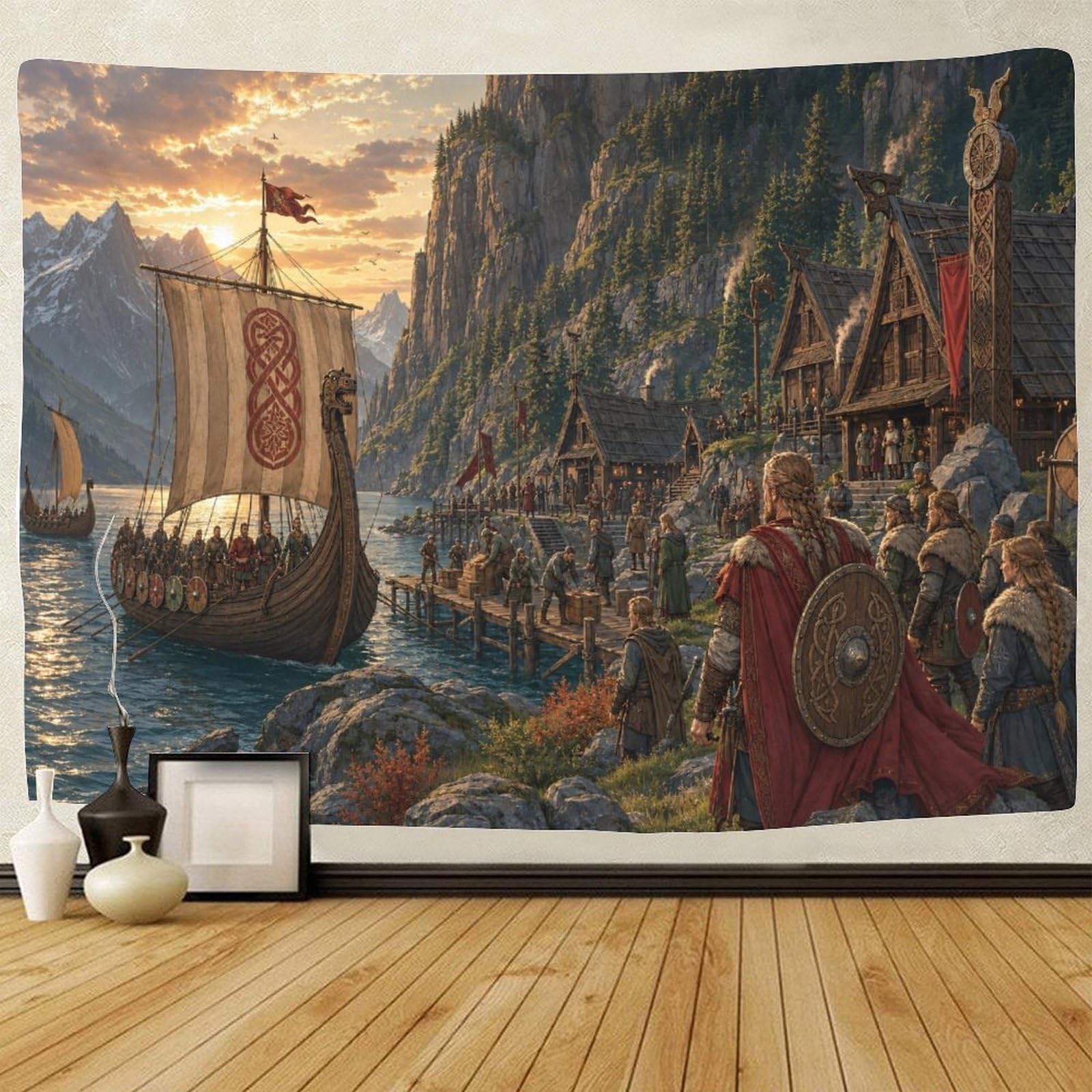ASDFGHJKLZA Viking Longship Nordic Fjord Village Wall Tapestry 3D Print Wall Hanging Decor Tapestries Poster Home Decoration Bedroom Dorm 100cmx150cm