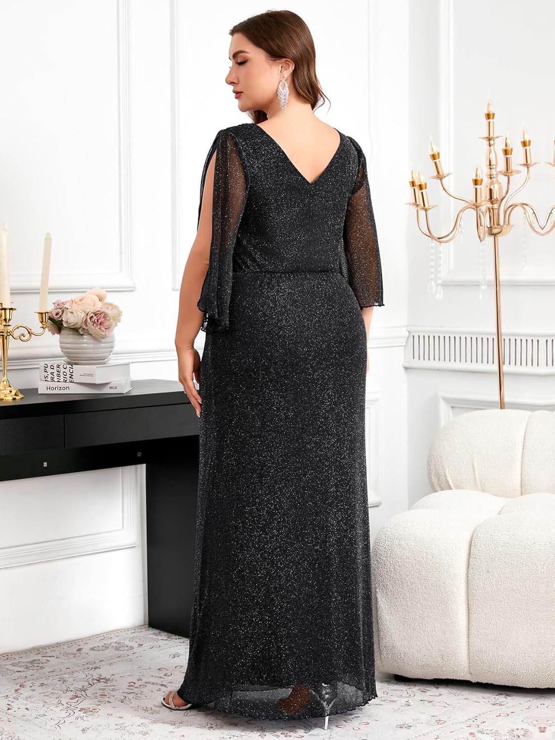 CYCLAMEN Plus Size Sparkly Evening Dress 3/4 Petal Sleeve V-Back Ruched Maxi Gown for Wedding Guest Mother of The Bride - Image 5