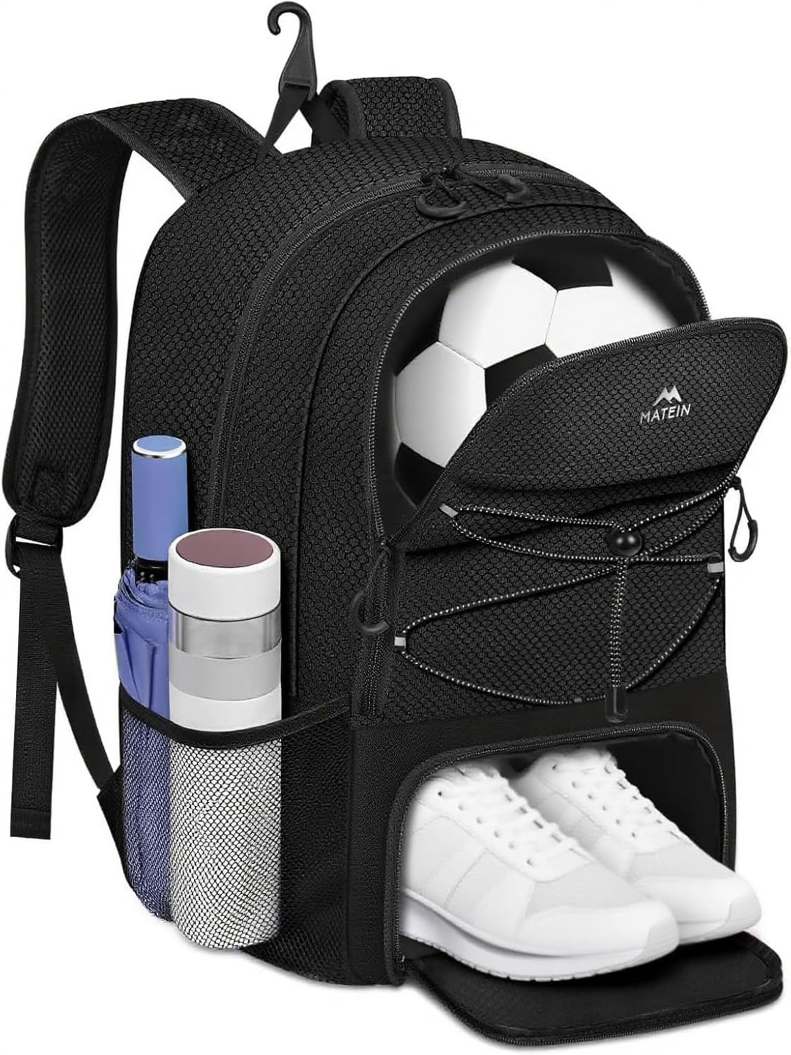 MATEIN Sac à Dos Football avec Compartiment à Chaussures Étanche pour Ordinateur Portable 15,6 Pouces, Noir