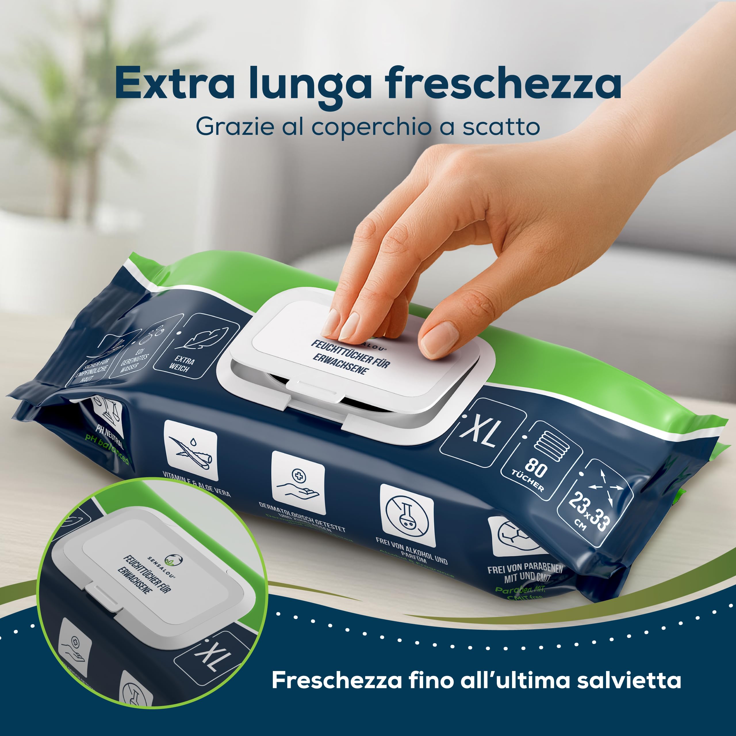 Sensalou Salviettine Umidificate XXL 23×33 cm Per Corpo & Superficie – Ultra Morbide, Senza Alcool, Pelle Sensibile – Uso Quotidiano, Cura Igienica, Salviettine Spesse – Confezione 80 Pezzi