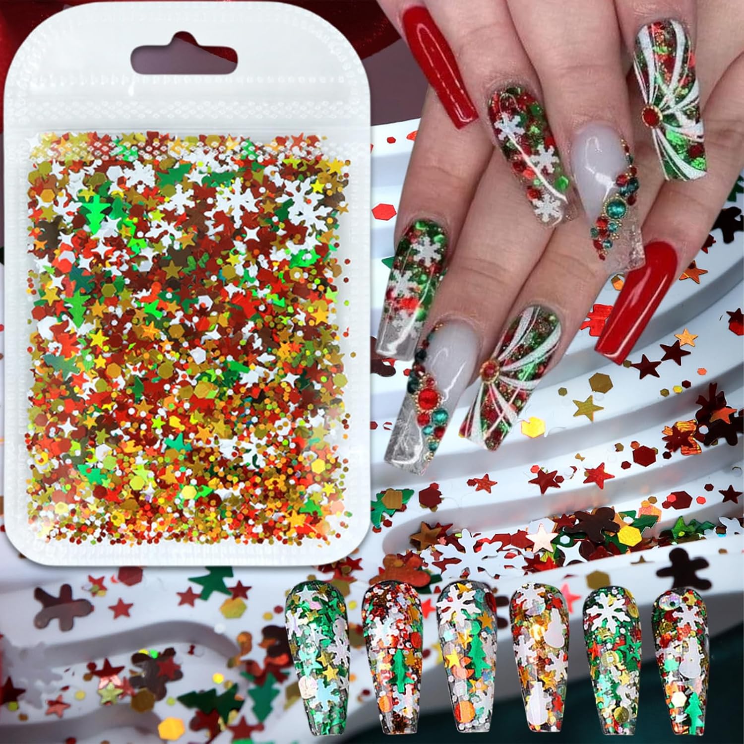 Christmas Nail Glitters Sequins 3D Holographic Mixed Color Nail Art Flake Nail Confetti Snowflake Xmas Tree Gingerbread Man Snowman Nails Glitters Manicure for Women Girls Face Body Nail Decoration