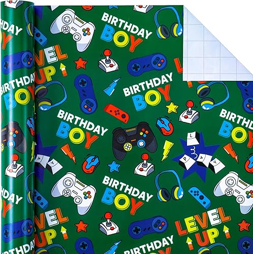 Vista 449 de WRAPAHOLIC Papel de regalo reversible, mini rollo, 17 pulgadas x 33 pies, adorable diseño de gato y azul sólido para cumpleaños, vacaciones