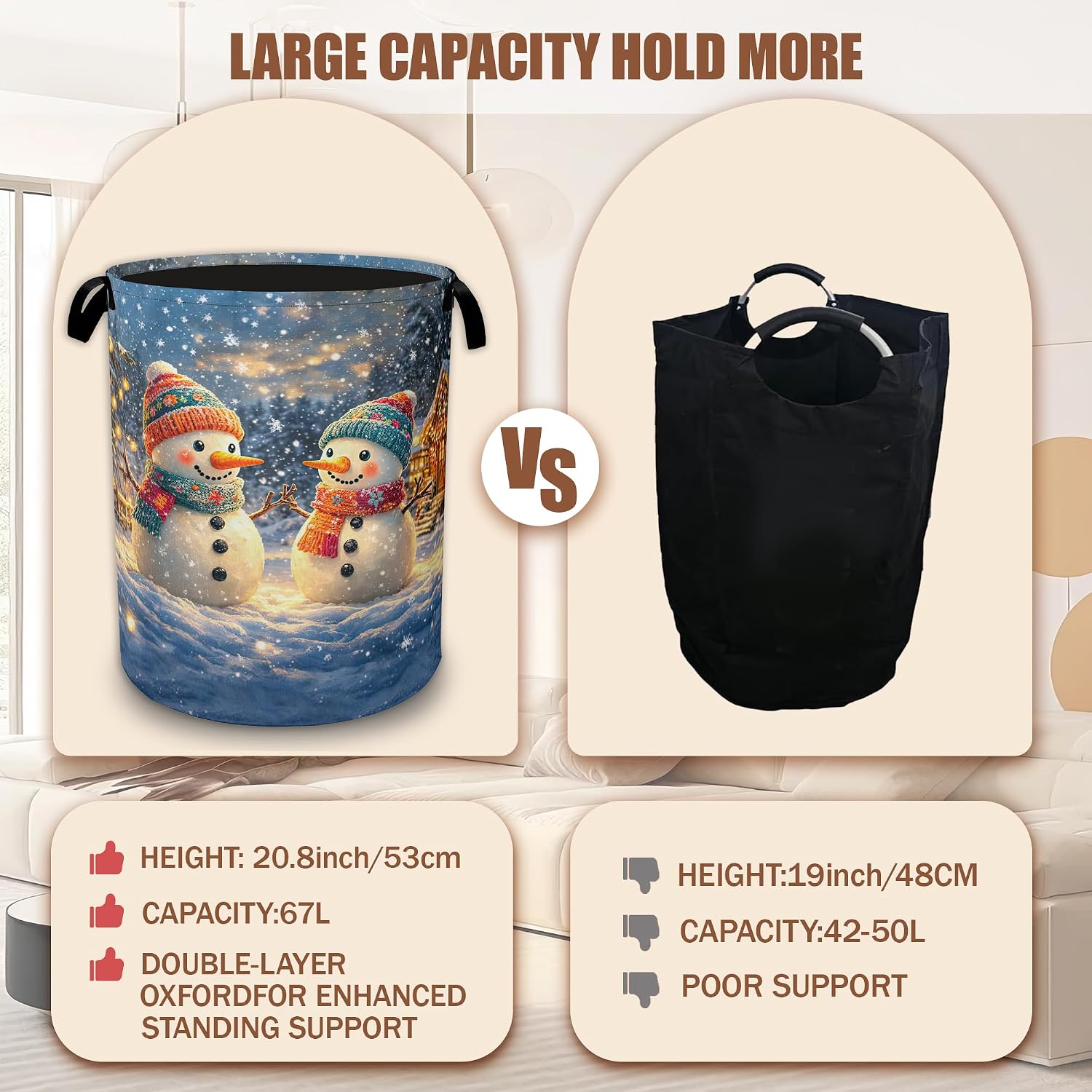Cute Snowman Laundry Basket,Christmas Laundry Hamper Waterproof Oxford Cloth Tote Bag,Clothes Storage Bucket Decorative Toy Organizer for Bathroom Bedroom 16" x 20.8"