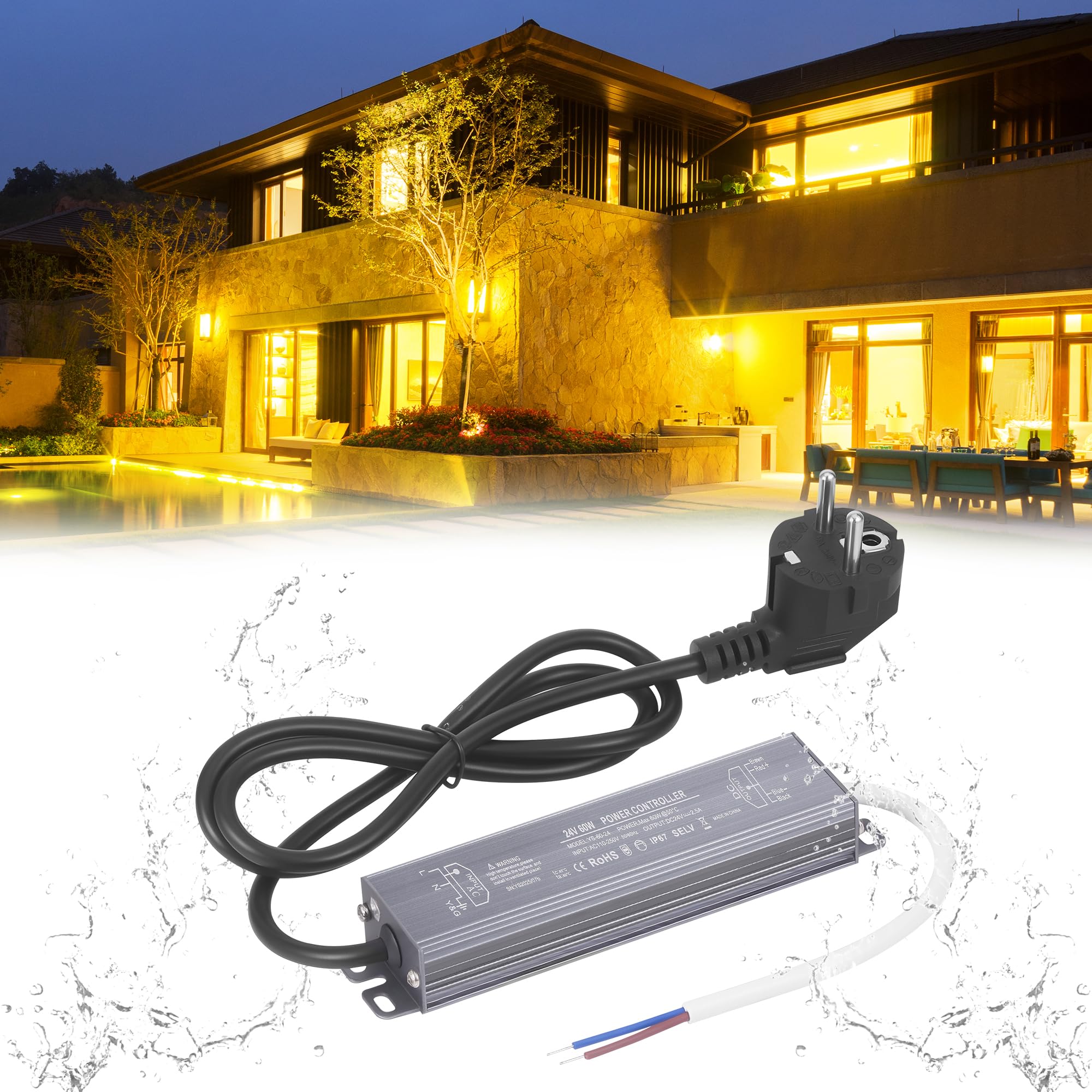 Kssvzz LED Trafo 24V 2.5A 60W, IP67 Wasserdicht LED Netzteil Treiber Mit Stecker, AC 100V~250V auf DC 24V Transformator, Konstantspannung Niedervolttrafo