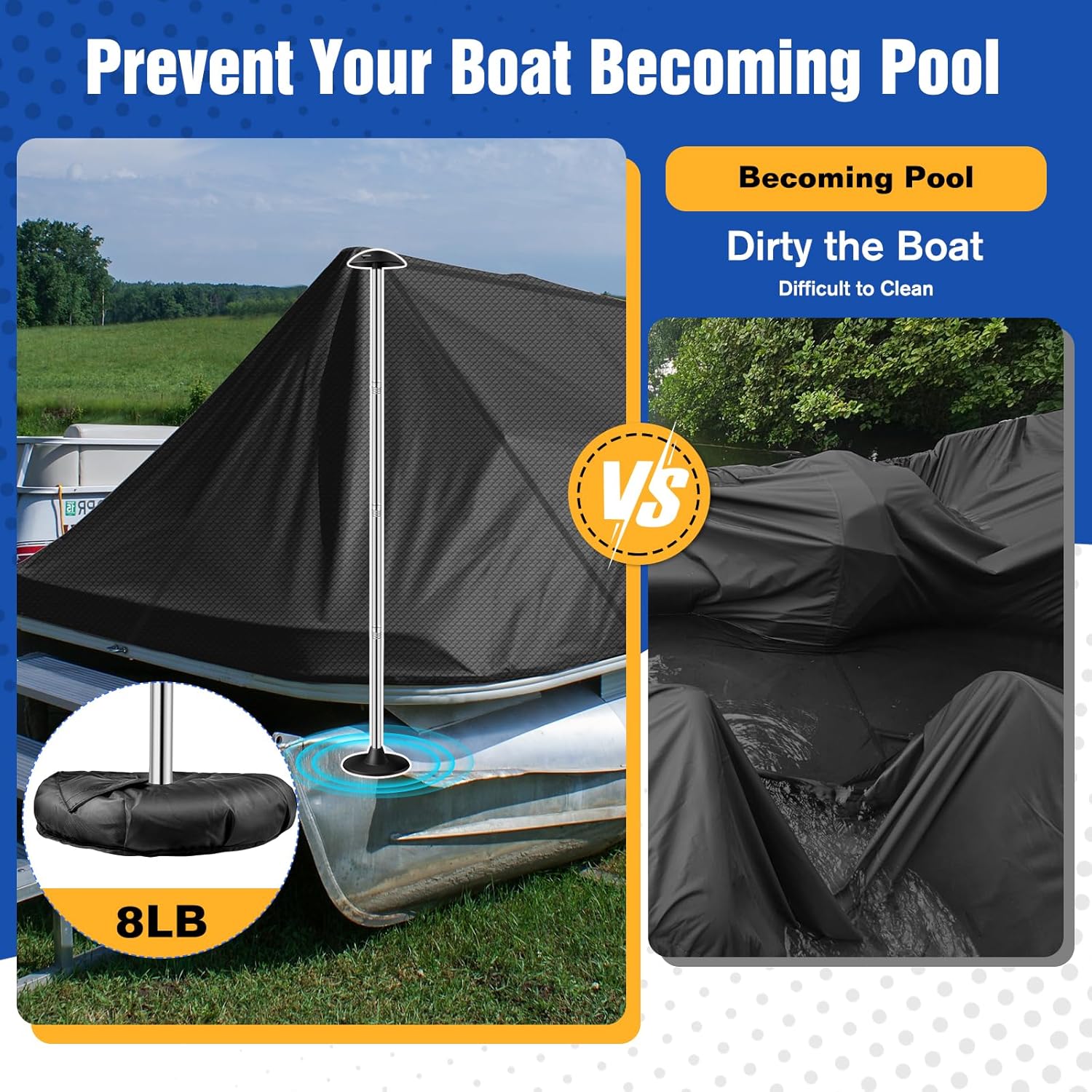 1200D Pontoon Boat Cover with Support Poles 2 Pack, Heavy Duty Pontoon Boat Cover, 21-24 ft Waterproof Boat Cover for Pontoon with Motor Cover, Adjustable 16 Tie Down Straps,Black