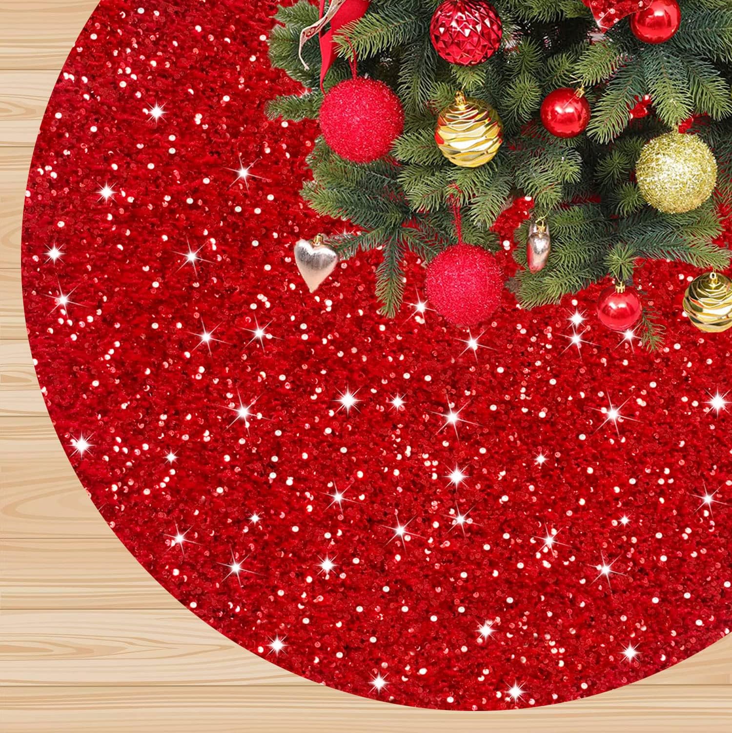 Christmas Tree Skirt Red 36 Inch Round Velour Tree Skirt Sparkle Sequins Xmas Tree Mat Vintage Farmhouse Tree Floor Base Christmas Decorations for Artificial Tree Wedding Party Outdoor Decoration