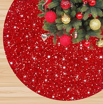 FANPROMS Red Christmas Tree Skirt for TableTop Tree 21 Inches Xmas Sequin Tree Skirt Cover Classic Velvet Tree Mat for Pencil Trees Sparkly Glitter Tree Skirt Ring for Merry Christmas Tree Decorations