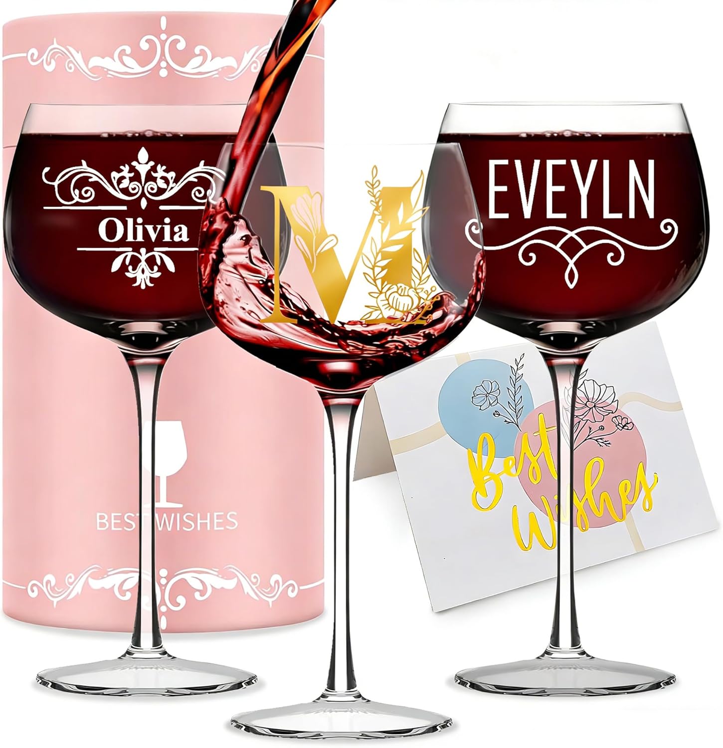 Personalized Wine Glass Gifts Set, Custom Initial A-Z Wine Glass, 16oz Stemless Wine Glass, with Gift Box & Greeting Card, Bridesmaid Gifts, Wedding Engagement Bridal Shower Gifts