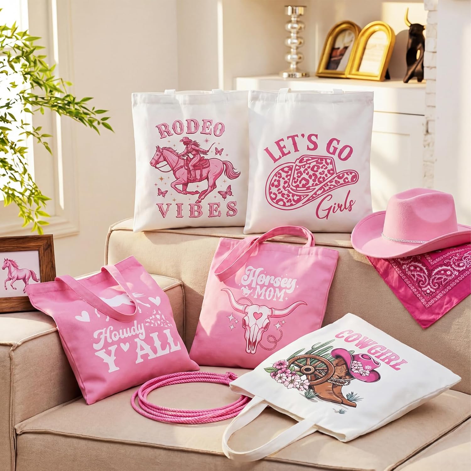 Sadnyy 12 Pcs Western Pink Cowgirl Canvas Tote Bags Bulk Teacher Gifts for Women Western Party Favors Cute Coquette Bag with Zippers Cowgirls Accessories for Women Birthday Stuff Supplies