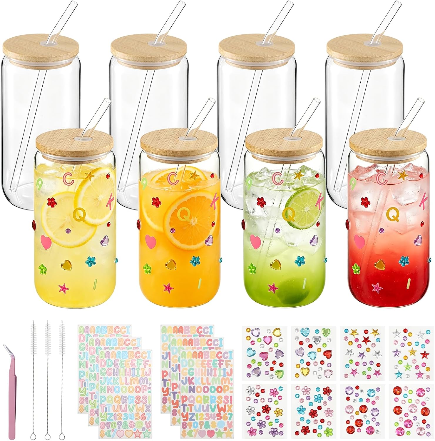 8 Pcs 16 oz Glass Cups with Lids and Straws Mason Jars with Bamboo Lids Mason Jar tumblers with Sticker and Diamond for DIY Decorate Mugs Drinking for Water Beverage Beer (Clear)