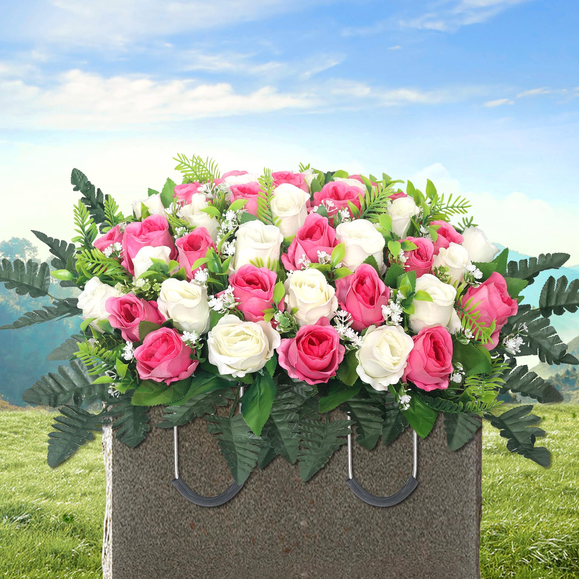 LOSFOTBO Artificial Cemetery Flowers for Grave,Headstone Flowers Saddle Outdoor Grave Saddle Memorial Silk Roses Flowers for Cemetery Decorations (