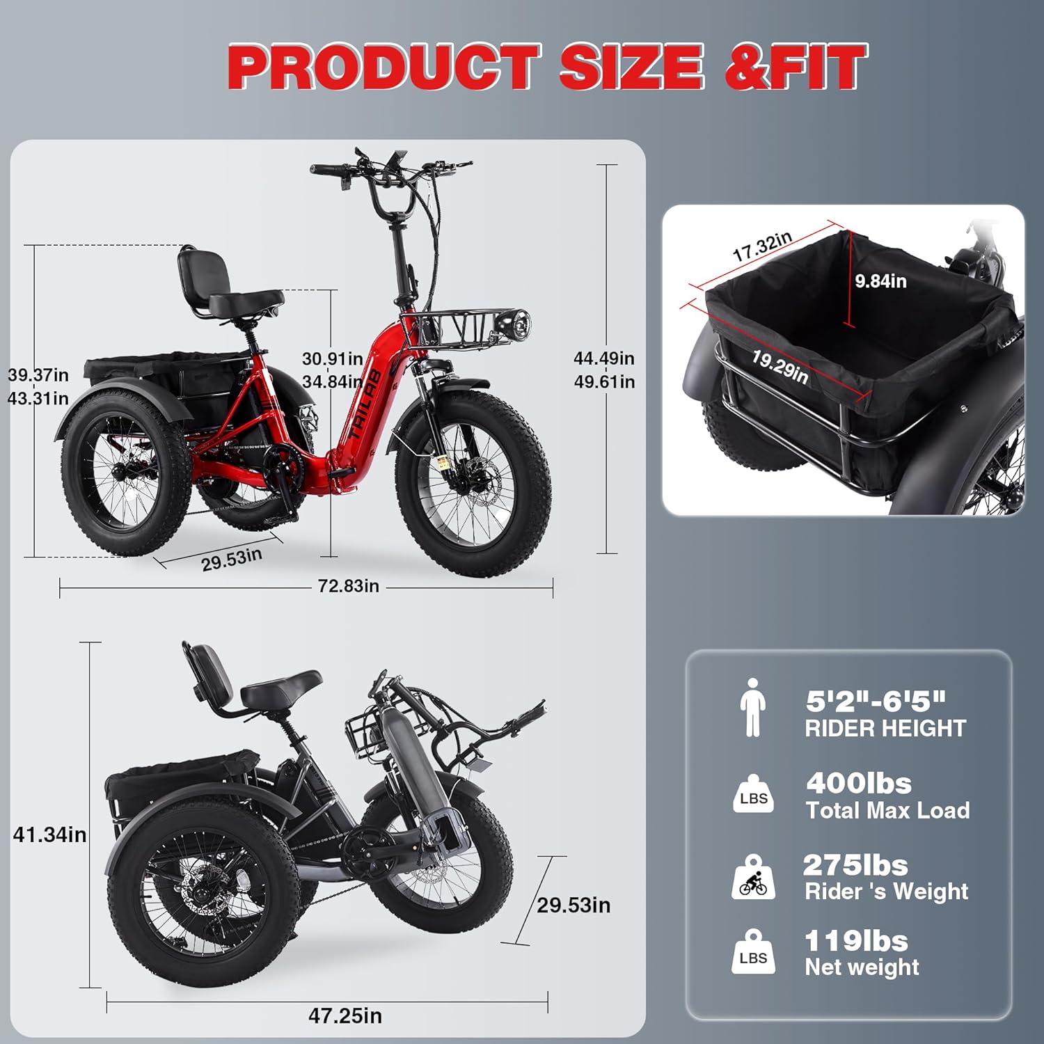 Dancongtea Electric Tricycle for Adults, 500W Folding 3 Wheel Ebike with 48V 15.6Ah Removable Battery, 20"x4.0" Fat Tire Step-Thru Electric Trike with Push-Button Reverse & Large Cargo Baskets, Red