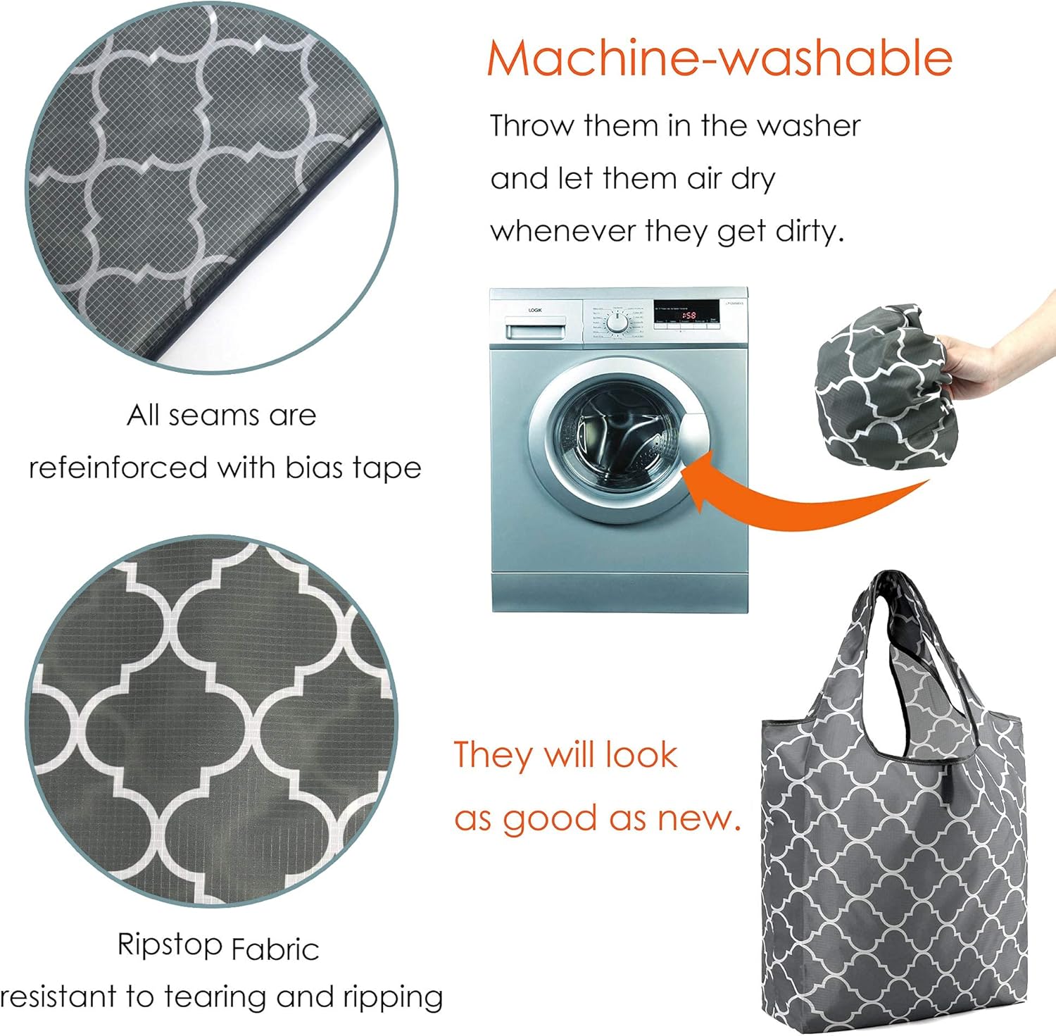 Shopping Bags Reusable Grocery Tote Bags XLarge 50LBS Ripstop Geometric Fashion Recycling Bags with Pouch