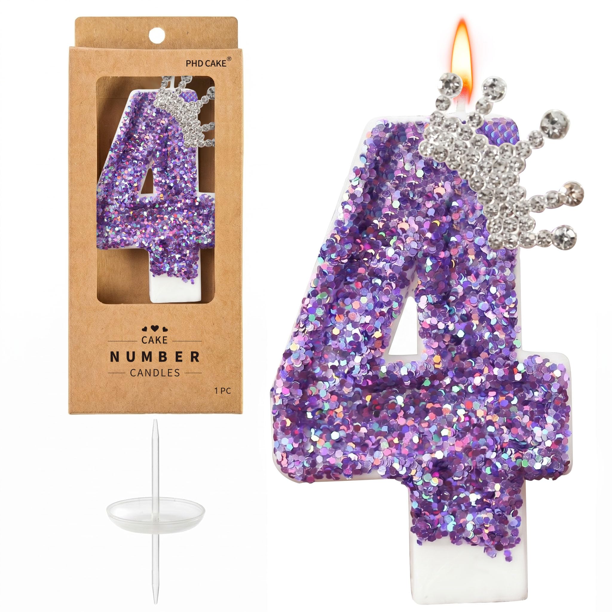 Birthday Number Candles,Purple Crown Birthday Candles for Cake,Glitter Number 4 Candle Cake Topper with Sequins for Anniversary Celebrations Supplies
