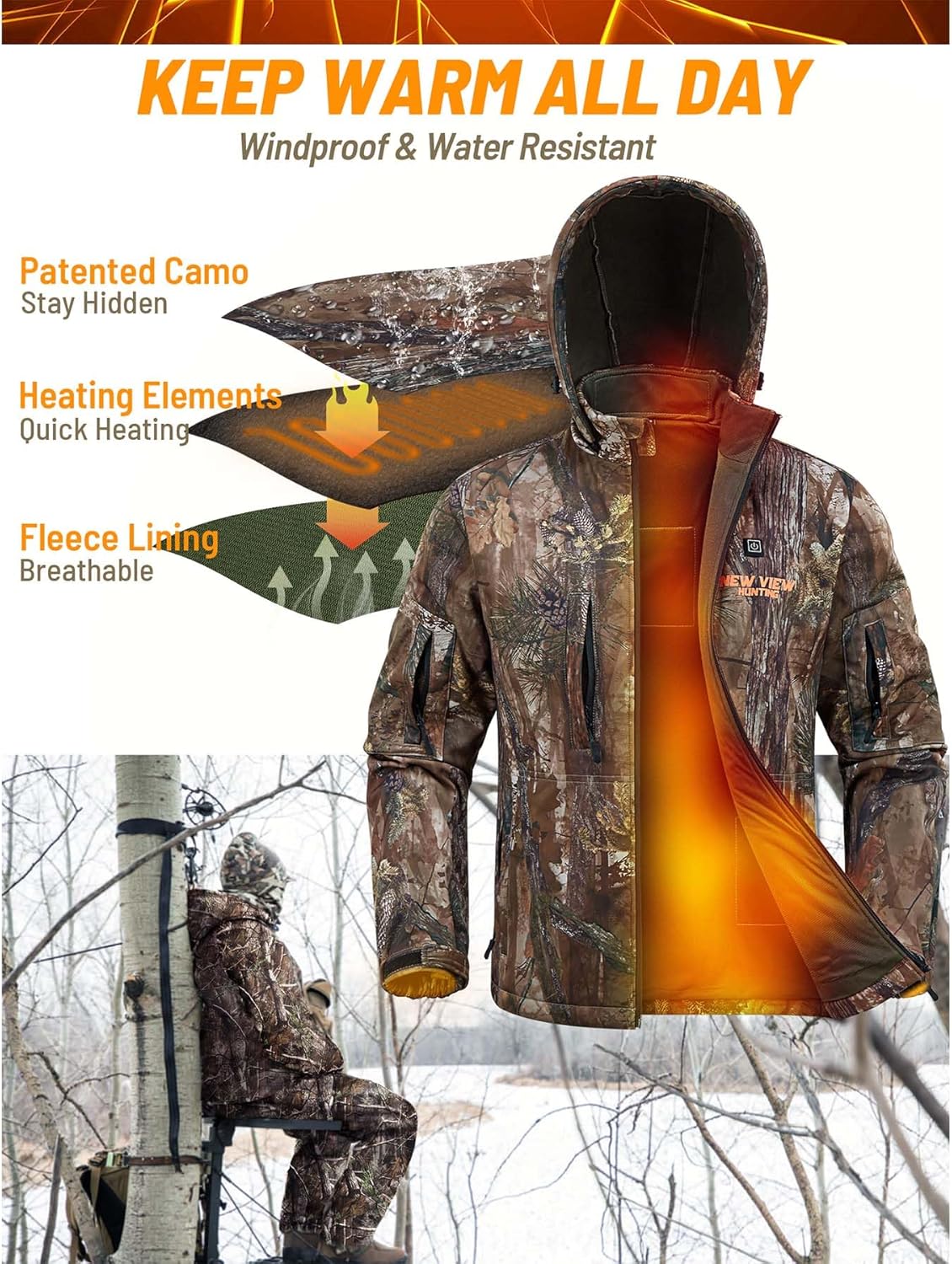 NEW VIEW Men's Heated Jacket with 10000mAh Battery Pack,Electric Heated Coat Rechargeable for Winter Outdoors Hunting Fishing