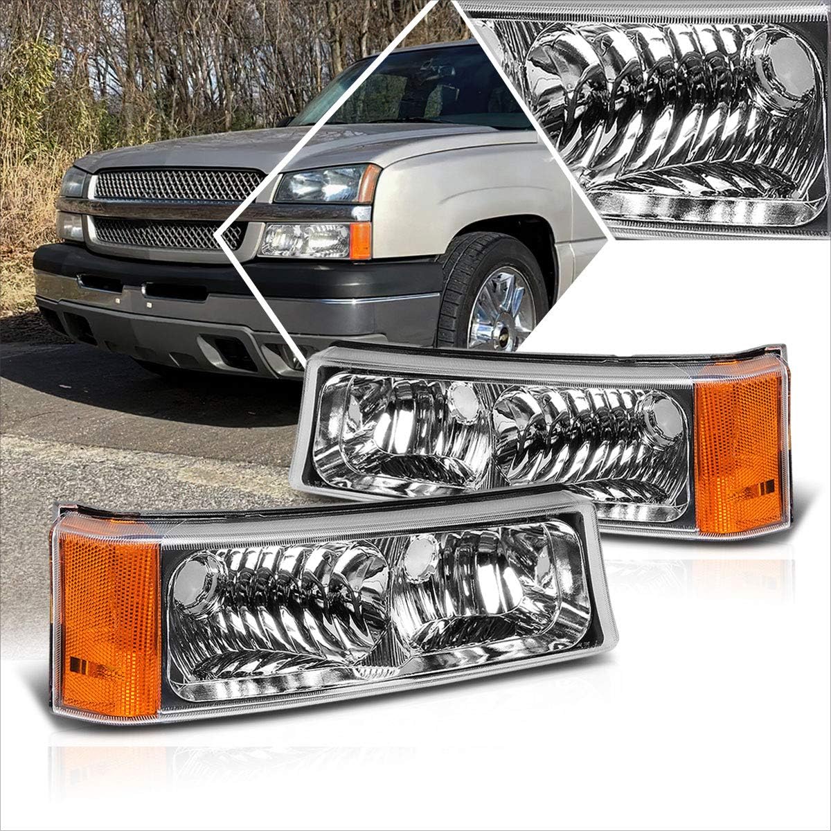 Chrome Housing Front Bumper Lights+Amber Corner Signal Lamps Compatible with 03-07 Silverado/Avalanche