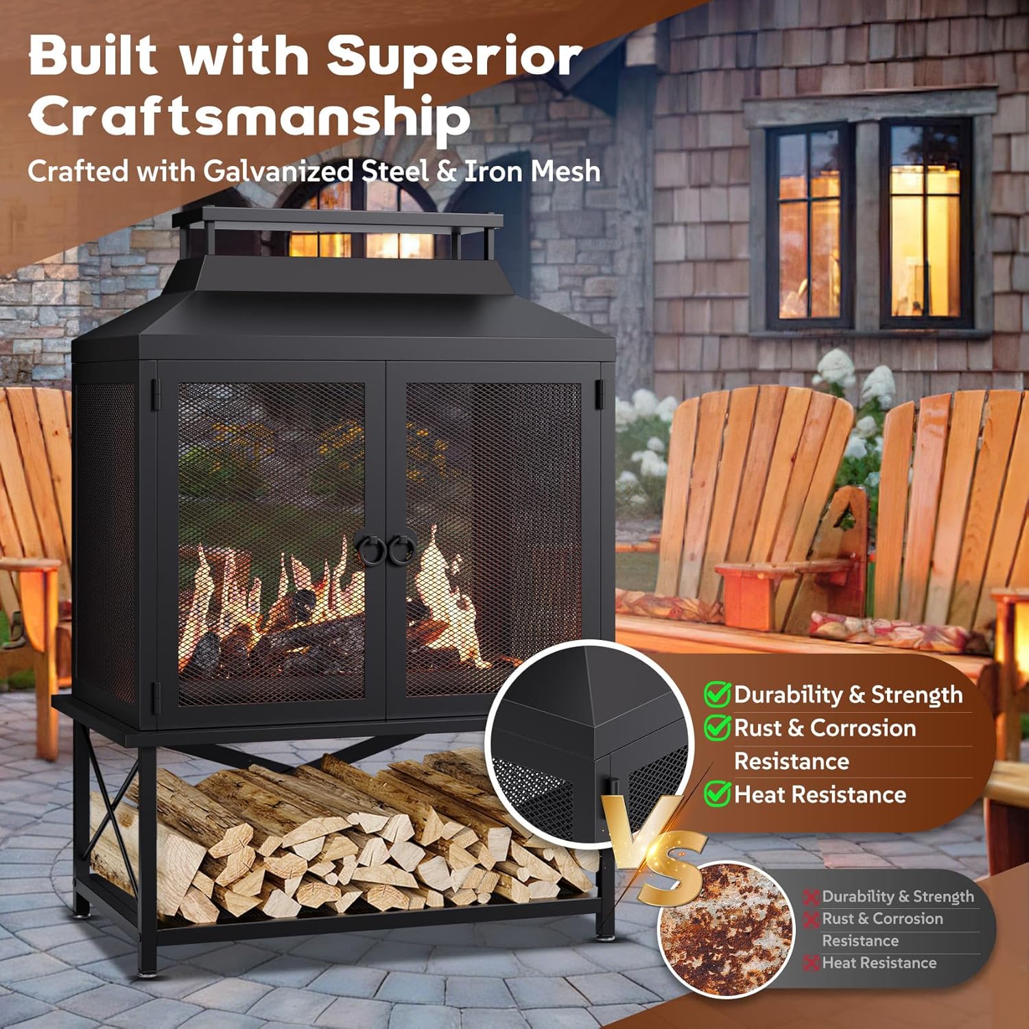 Large Outdoor Chiminea Fire Pit with Grill, Outdoor Fireplace, Outdoor Wood Burning Fireplace with Chimney, 360° Mesh Spark Screen Door, Fire Poker and Log Storage Rack for Patio Backyard