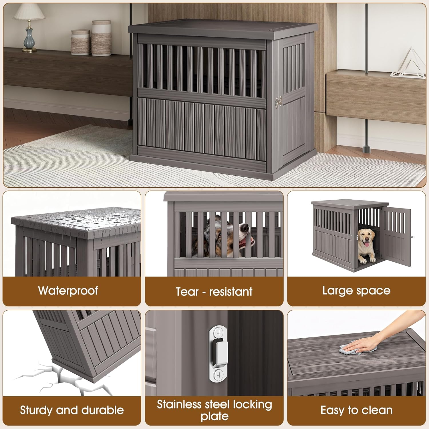 Bifanuo 40-Inch Dog Crate Furniture, Heavy Duty Dog Crate for Large and Medium Dog, Lockable Indoor Outdoor Dog Kennel & End Table, Decorative Plastic Pet Cage(Grey)