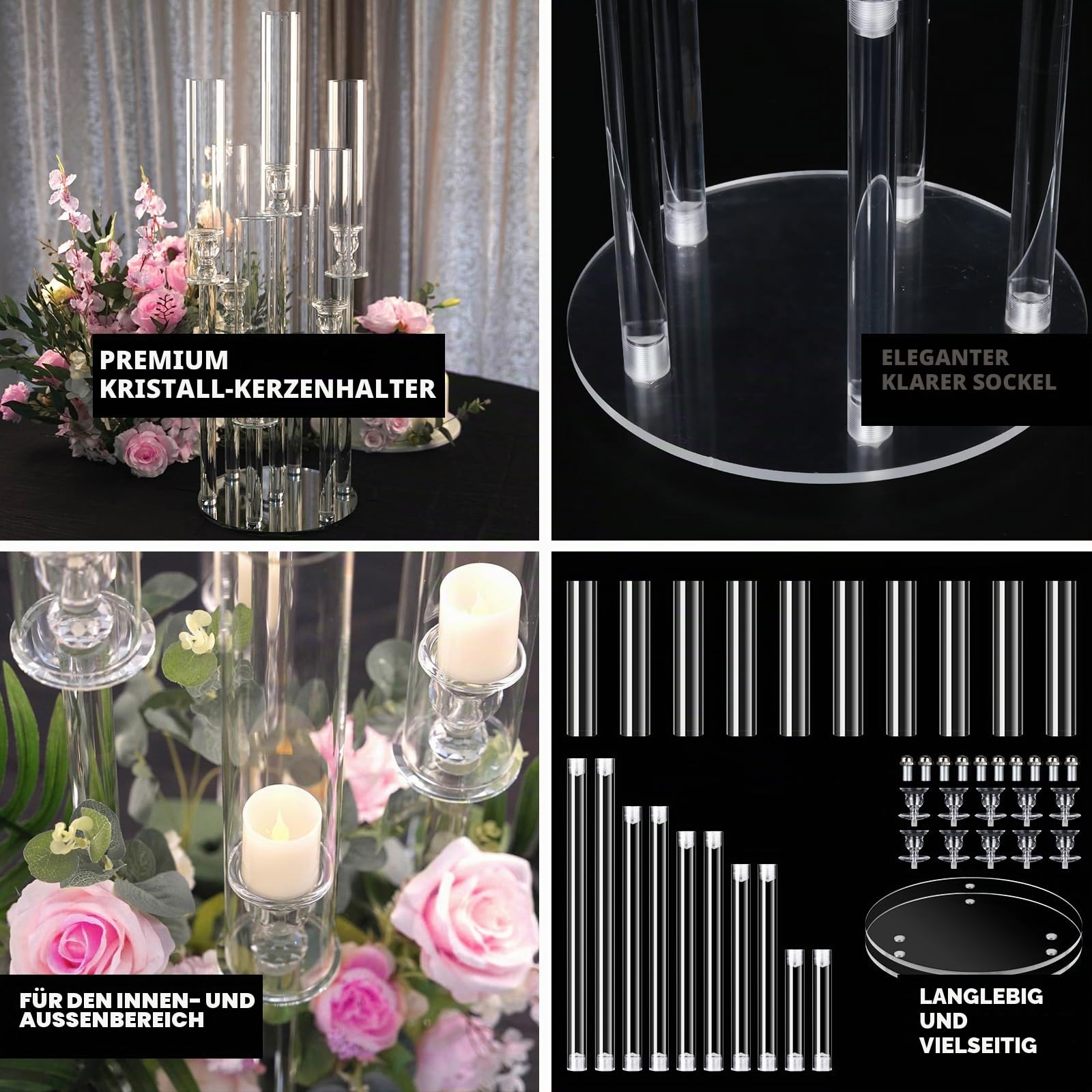 2 Stück MSDADA 5-armige Acryl Kerzenständer Set 58 cm Hoch, Transparente Kandelaber für Tischdeko Mittelstück, Hochzeitsdeko Weihnachtsdeko Kamin Deko, für LED Kerzen 2 cm