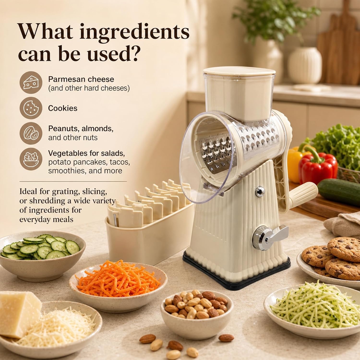 JA&MIU Rotary Cheese Grater with Handle, 5 Well-designed Blades & Strong Suction Base, Round Mandoline Slicer with Blade Storage Box & Kitchen Mandoline Vegetable Slicer (Off-white)