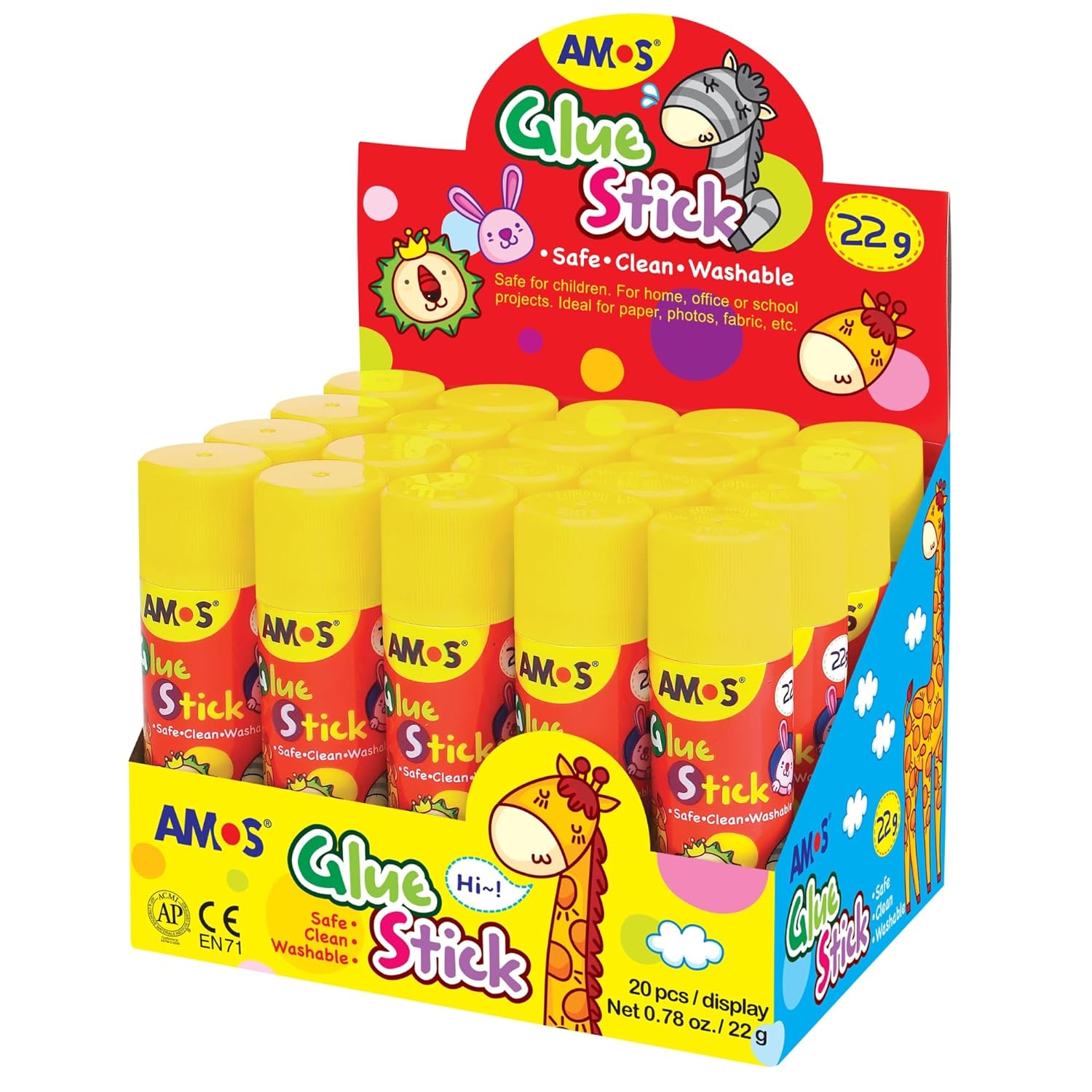 AMOS Glue Sticks — 22 g (0.78 oz), 20 Sticks in Display Box, Kid’s Design for Classroom, Home & Crafts — Washable, Non-Toxic, Acid-Free