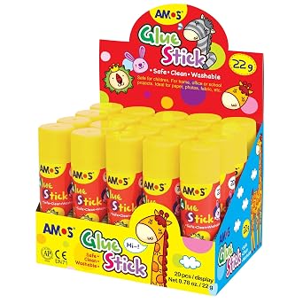 AMOS Glue Sticks 22 g 0.78 oz, 20 Sticks in Display Box, Kids Design for Classroom, Home & Crafts Washable, Non-Toxic, Acid-Free