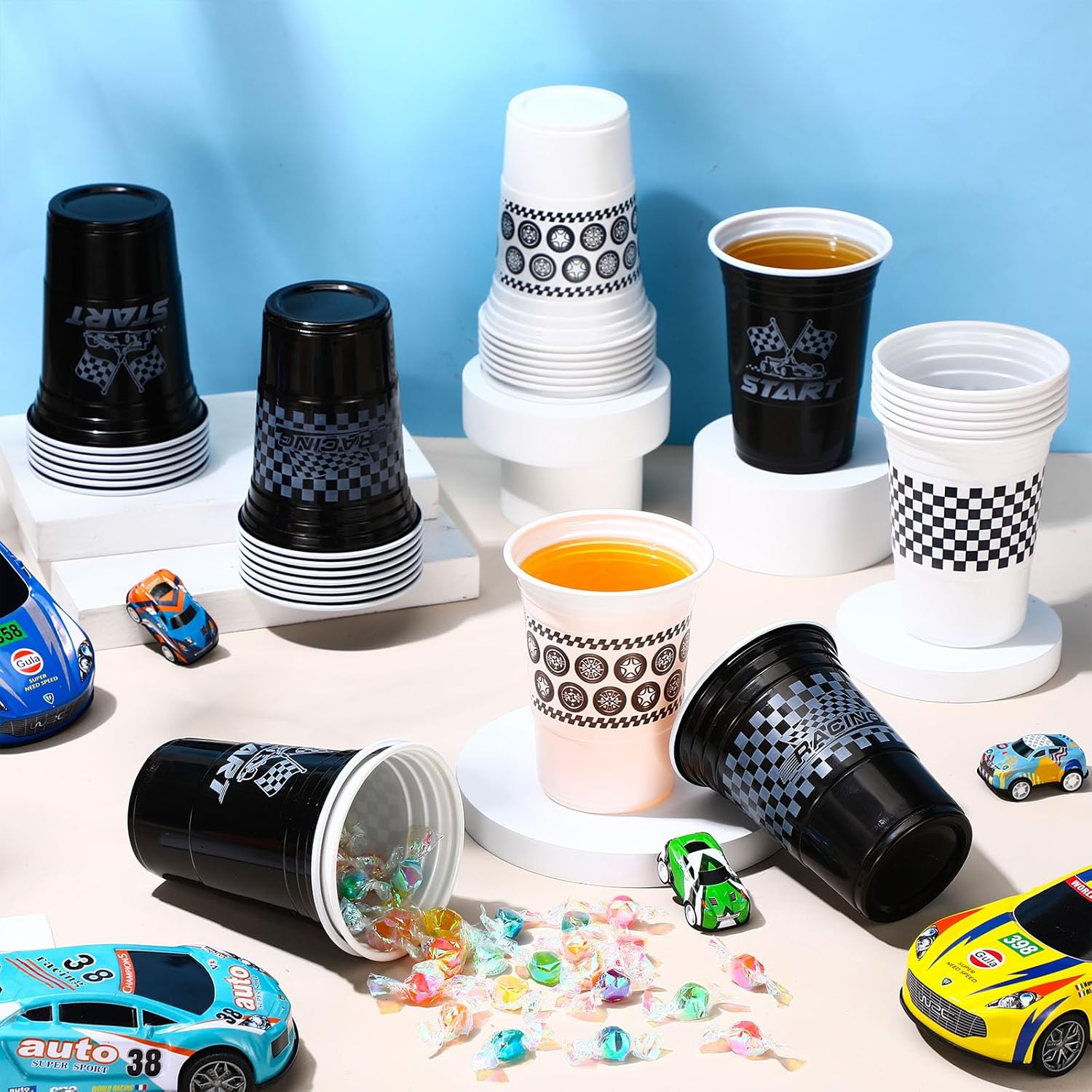 Qinyoung 60 Pcs Race Car Party Supplies Bulk 16 oz Checkered Flag Cups Racing Themed Thick Plastic Cup for Race Car Birthday Party Checkered Racing Party Sports Themed Birthday Party Supplies - Image 6