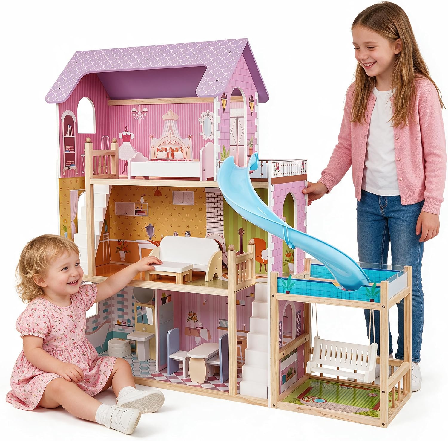 EDUBEBO Wooden Dollhouse for 12 Inch Dolls with Pool and Swing, 3 Story Large Doll House for Girls Toy Playhouse, Toddler Pretend Play House Playset, Toy Gift for Kids Ages 3+