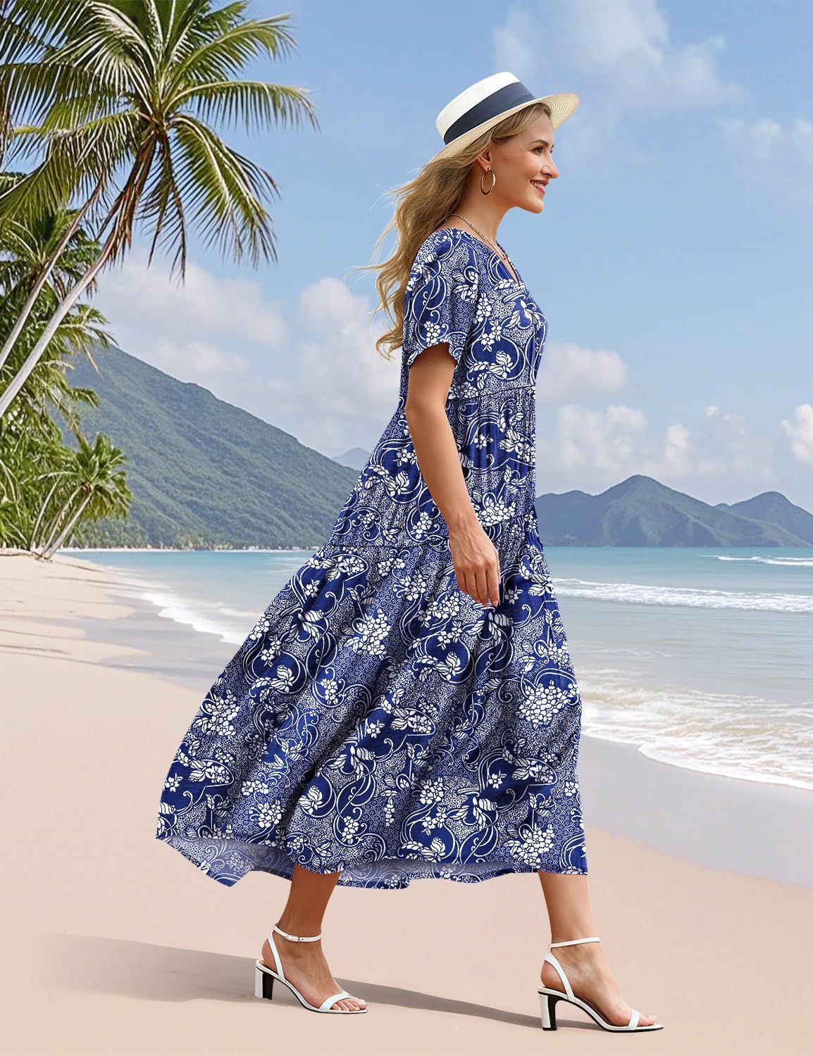 YESNO Women's Summer Maxi Dresses Casual Floral Short Sleeve V Neck Boho Beach Vacation Swing Dress with Pockets EVF - Image 3