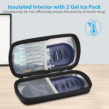 MEDMAX Hard Shell Insulin Cooler Travel Case with 2 Ice Pack, Shock Absorption Insulated Diabetic Medication Organizer Carrying Bag with Extra Pouch for Insulin Pen and Other Diabetic Supplies, Black