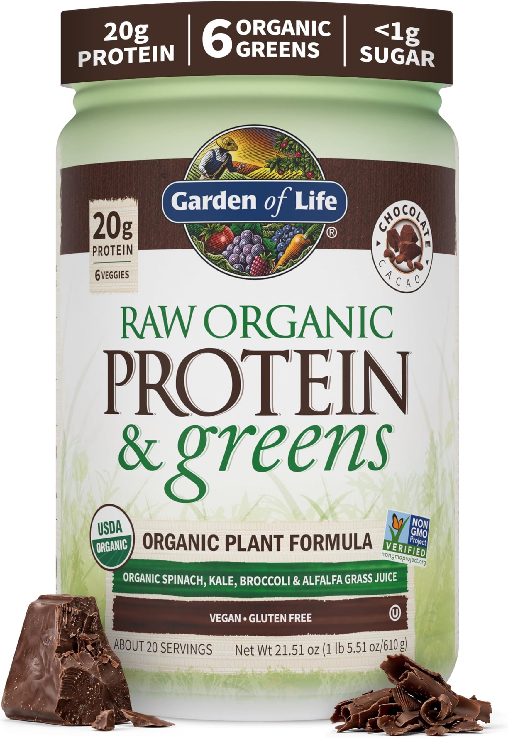 Raw Organic Protein & Greens Chocolate - 20 Servings, Vegan Protein Powder for Women and Men, Juiced Greens and 20 g Plant Protein Plus Probiotics & Enzymes, Gluten-Free Low Carb Shake