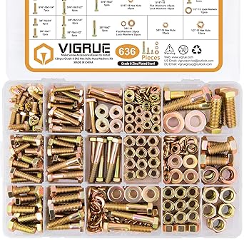VIGRUE 636PCS Grade 8 Bolt Assortment Kit, 1/4-20, 5/16-18, 3/8-16, 1/2-13 Heavy Duty SAE Bolts and Nuts Washers Kit