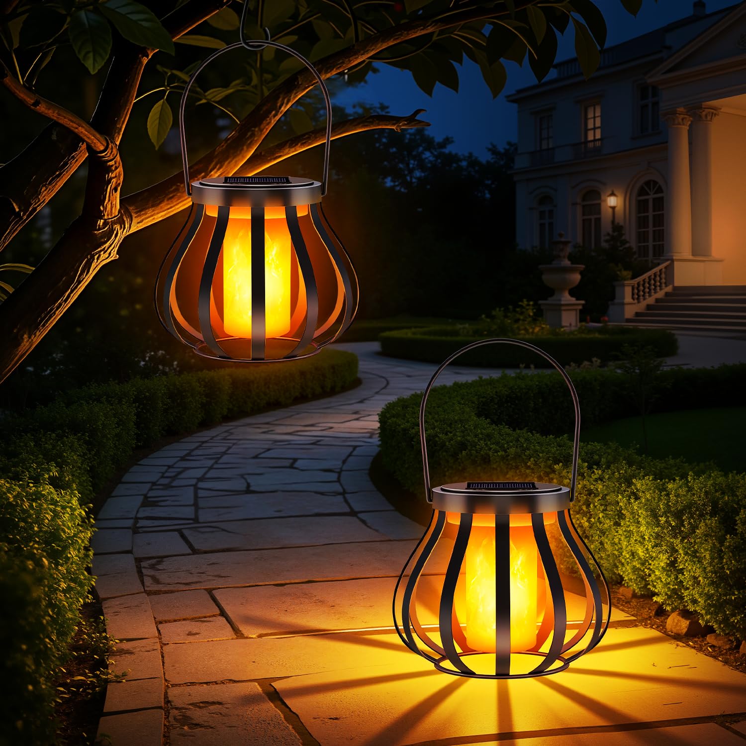 2 lanterne solari con effetto fiamma reale per esterni, IP65, impermeabili, per giardino, balcone, terrazza e cortile con sensore crepuscolare automatico, decorazione da giardino, Senza gancio e base