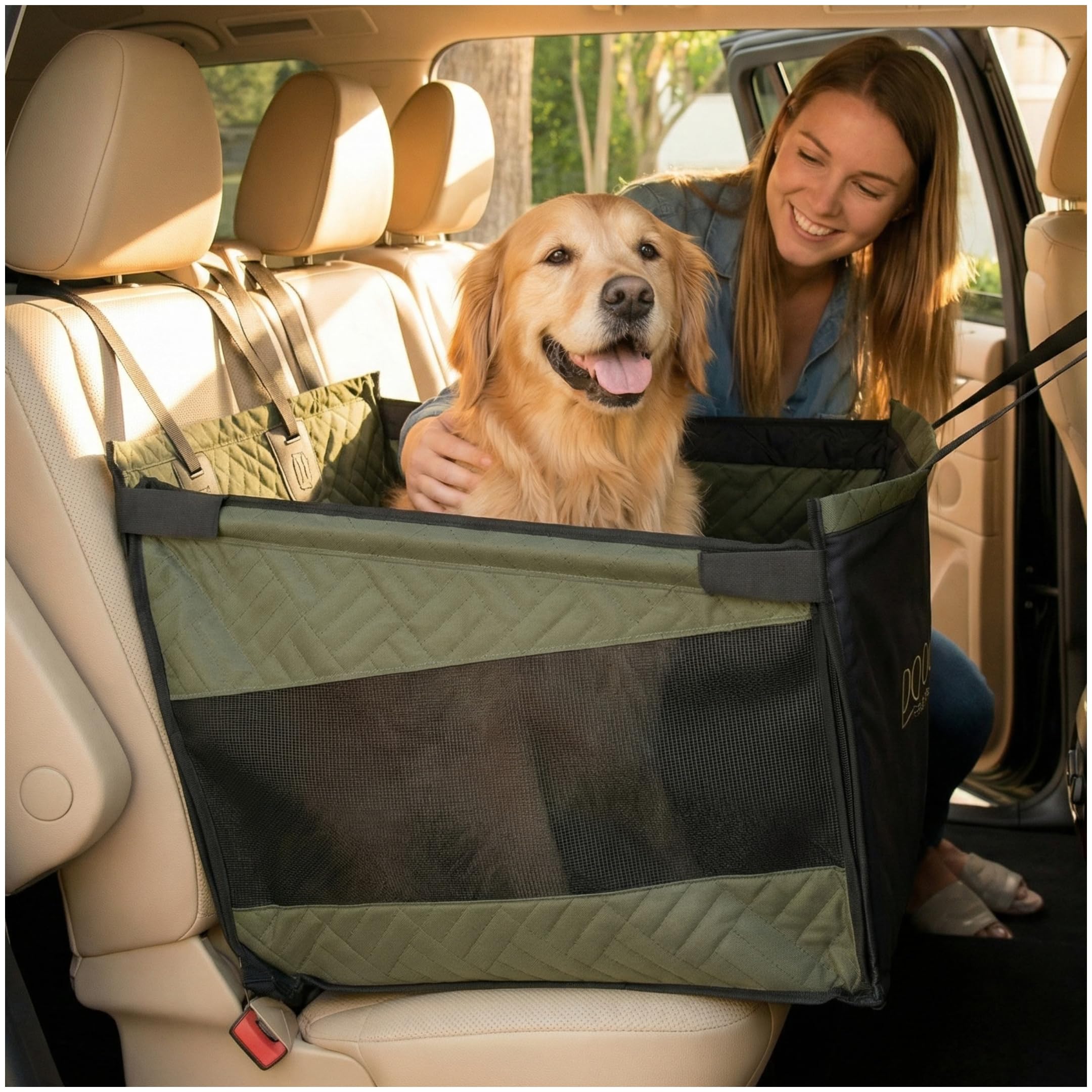 Premium Dog Car Seat & Back Seat – Waterproof & Non-Slip Travel Hammock with Storage Pockets | Secure & Comfortable Pet Seat Cover for Large & Medium Dogs – Fits Cars, SUVs & Trucks (Green)