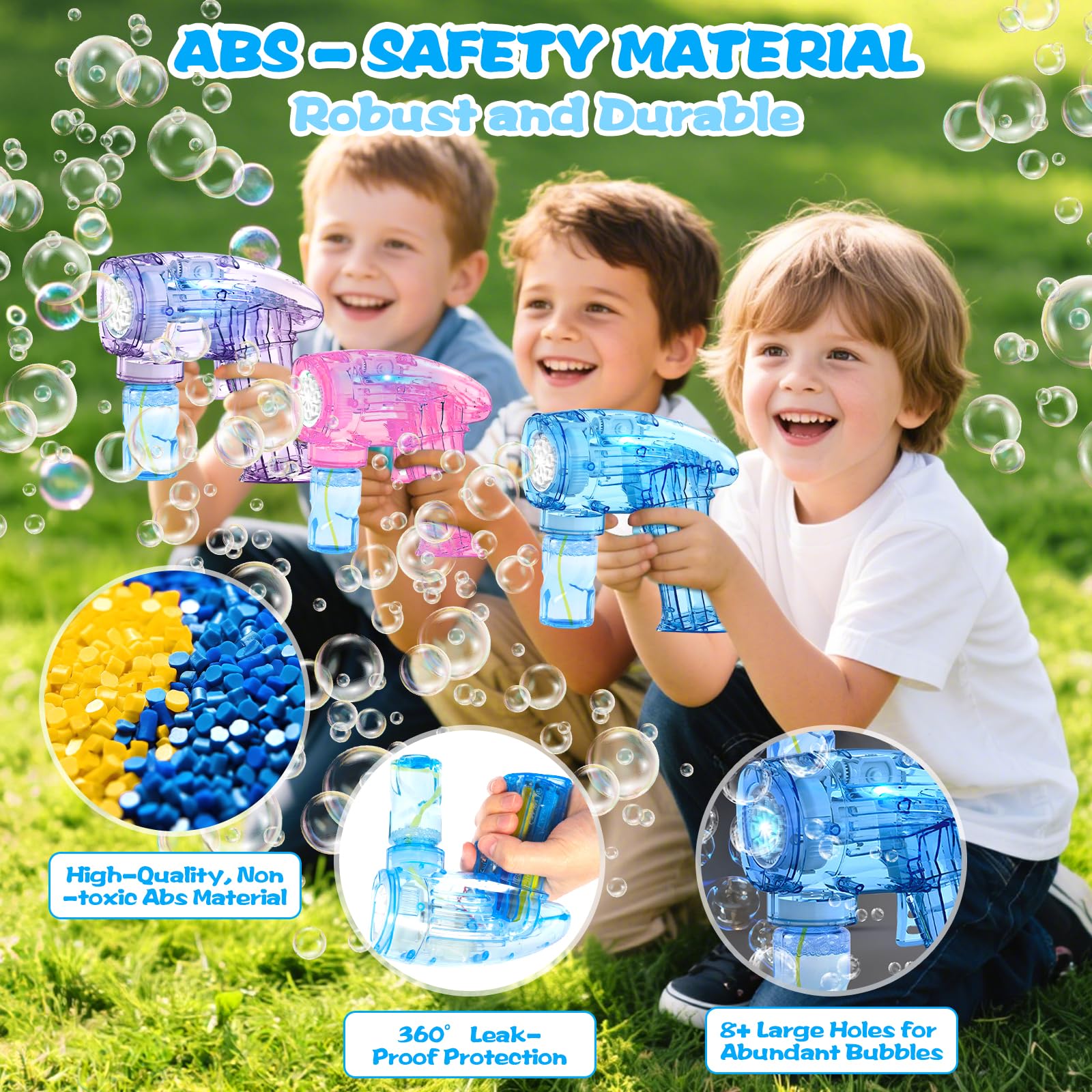 3 Pistola Pistola Burbujas, Pistola De Burbujas para Niños, con 6 Botellas, 3 Bolsas, Solución, Bubble Machine para Juguete De Verano, Actividad Al Aire Libre, Regalos De Fiesta
