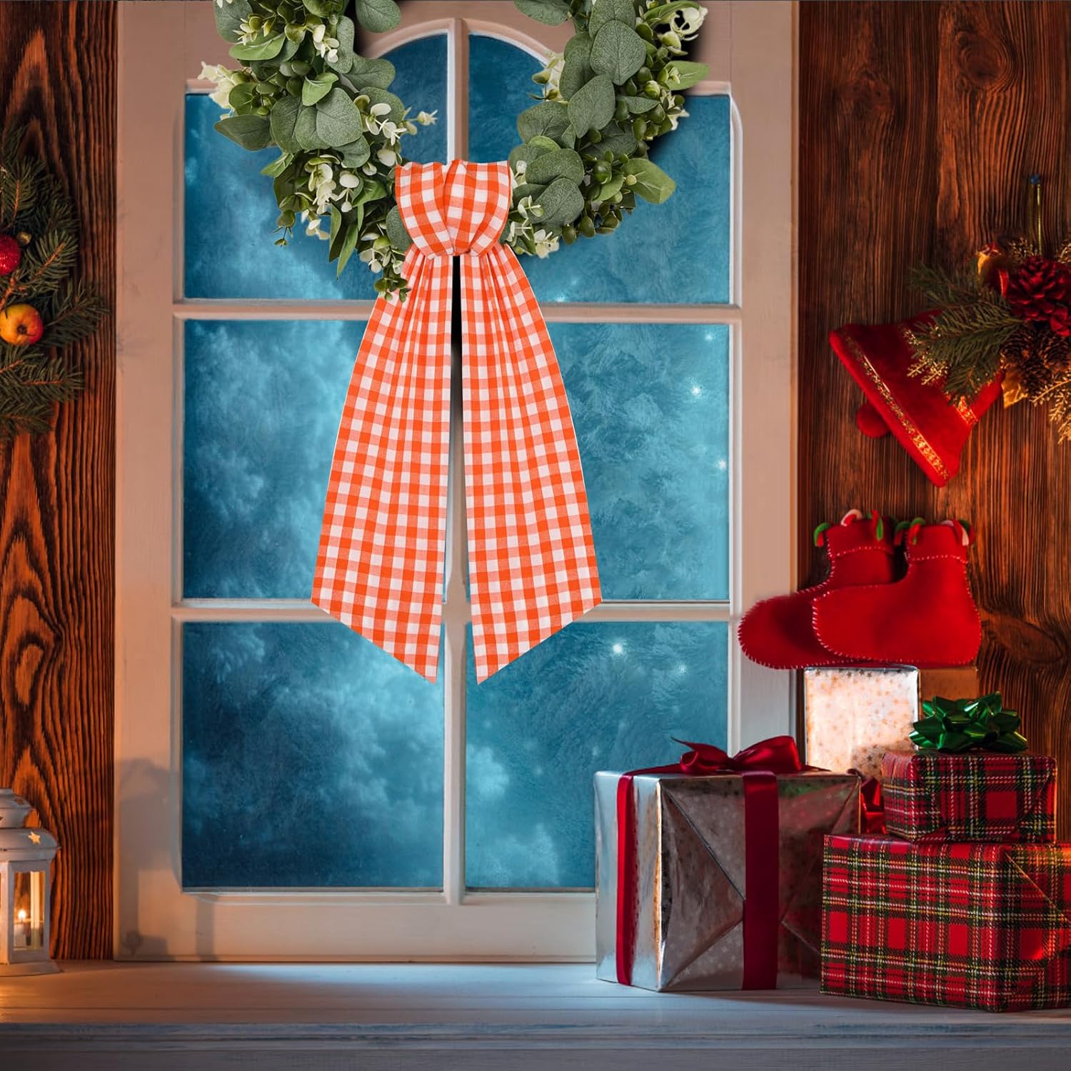 2 Pack Wreath Sash for Front Door Boxwood Wreath Sash Garland Front Door Porch Decor(White and Orange Plaid)
