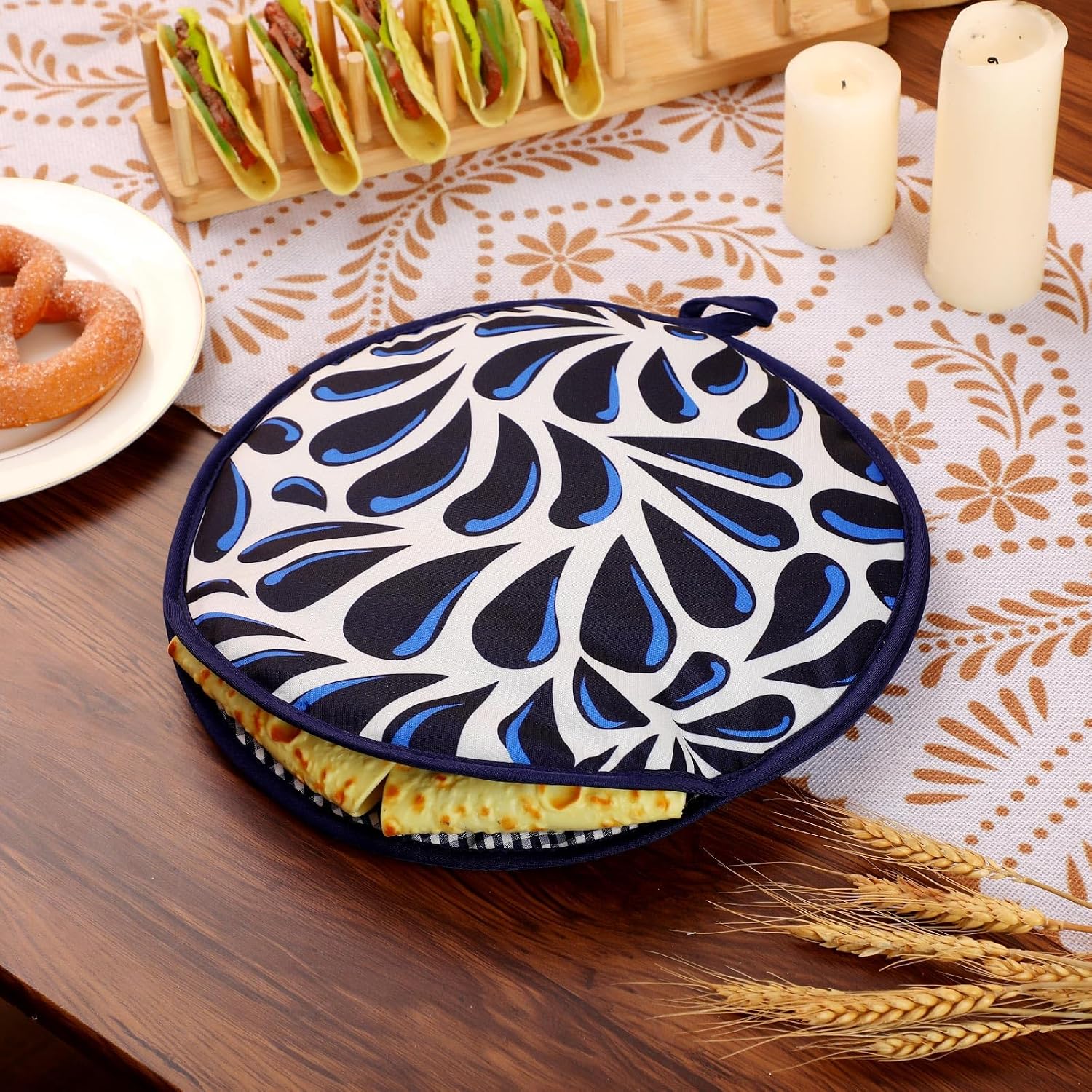 Honeydak 2 Pcs 12 Inch Tortilla Warmer Pouch, Microwavable Insulated Cloth Pouch Blue Vintage Mexican Talavera Tortillero Fabric Tortilla Keeper Taco Holder for Tortillas, Tacos, Naan, Pizza Rolls