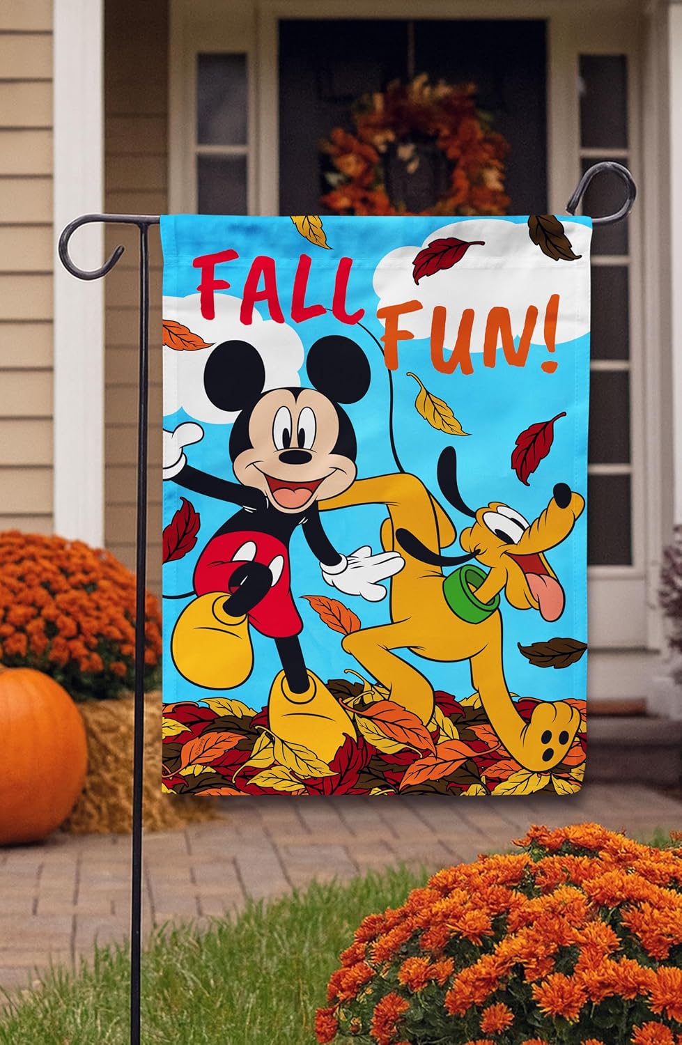 Flagology, Disney Fall Fun Mickey and Pluto – Garden Flag 12" x 18", Exclusive Fabric, Officially Licensed Disney, Fall