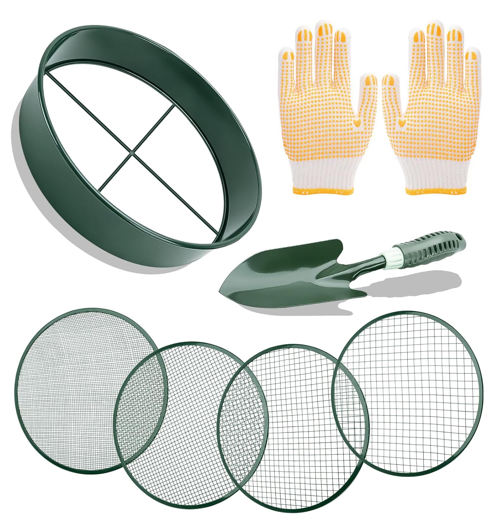 Soil Sieve Sifter Set with Shovel Gloves, Garden Sieve Set with 4 Interchangeable Mesh 3,6,9,12mm, Dirt Sifter for Sand, Rock, Compost, Soil Scoops Garden Tool (Green Sieve Set)