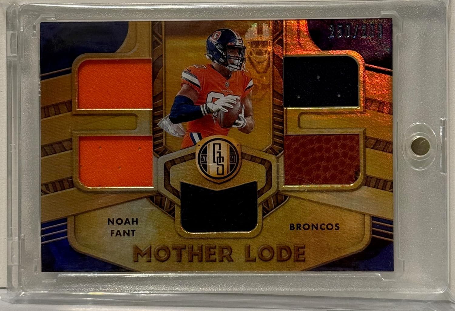 Noah Fant Serial Numbered #250/299 Mother Lode Quad Relic Game Used Jersey Memorabilia Parallel Collectible Football Card - 2021 Panini Gold Standard Football Card #ML-NF (Broncos)