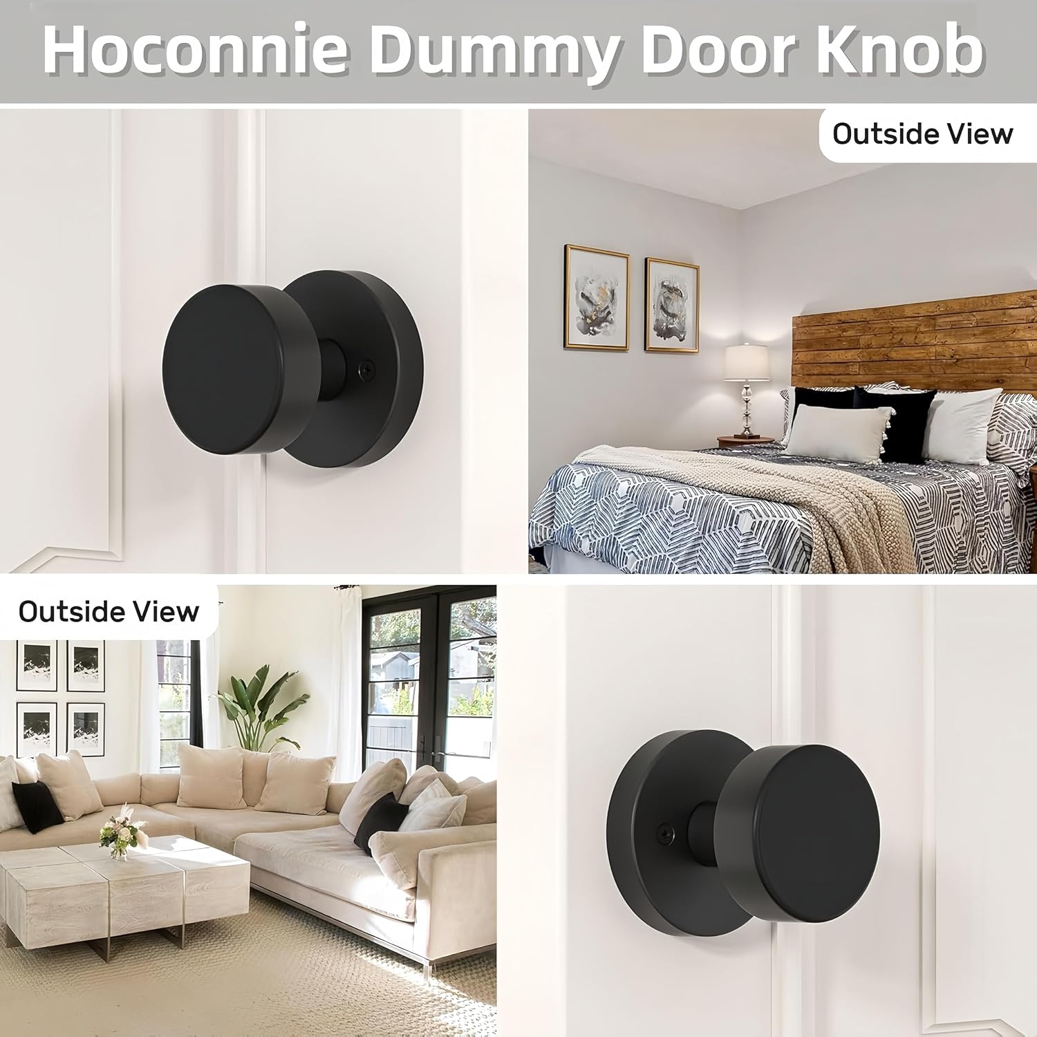Hoconnie Dummy Door Knob, Brushed Satin Brass Dummy Door Knobs Interior, Round Modern Door Handle Interior for Hall Pantry Closet Door Bifold Doors (Black, 1 Pack Dummy)