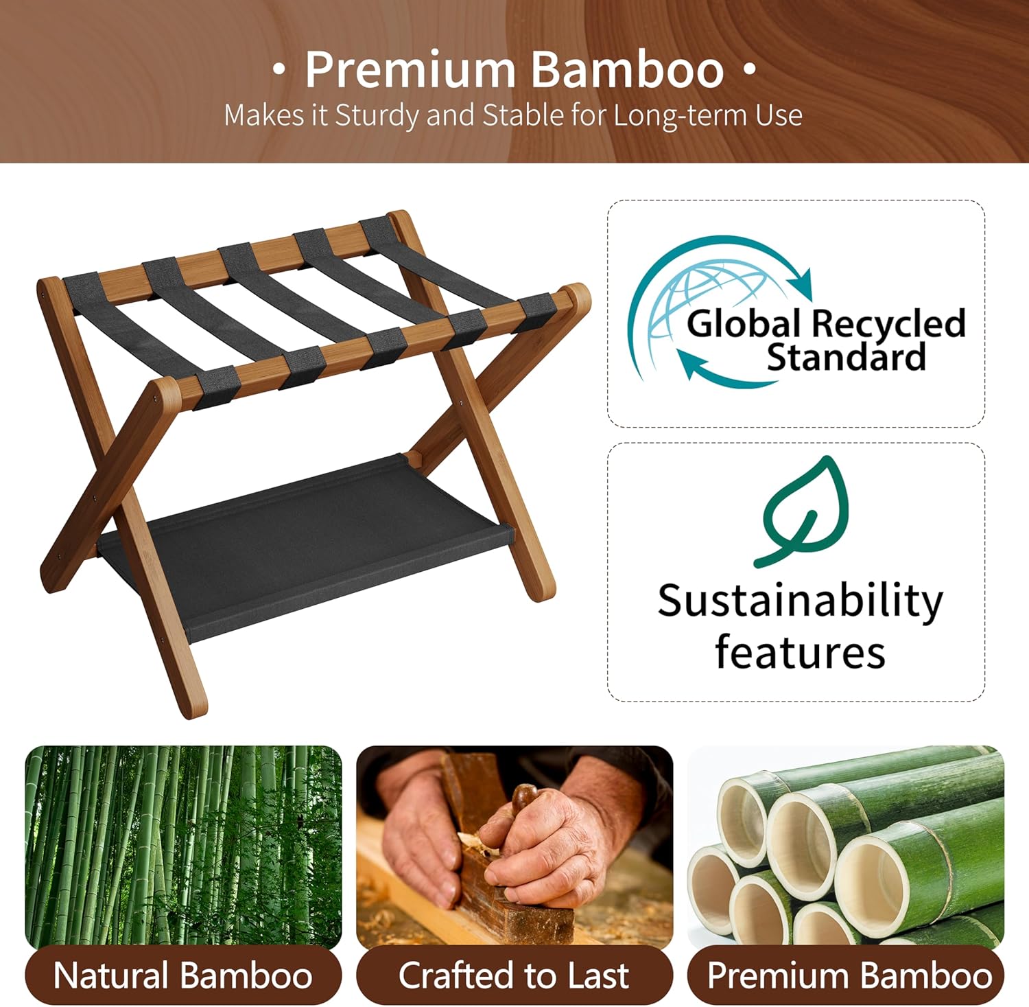 Heybly Luggage Rack for Guest Room, Folding Luggage Stand & Suitcase Holder, Suitcase Stand, Heavy Duty Wooden Luggage Rack with Double Shelf for Hotel & Bedroom, 5 Heavy Duty Straps, Walnut HLR012WB1