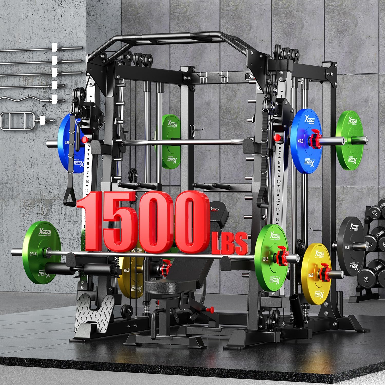 Smith Machine with Cable Crossover System, Multi-Function Squat Rack Power Cage for Home Gym, Power Rack and Packages Weight Sets