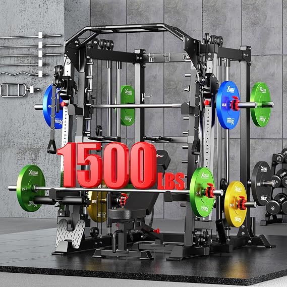 Smith Machine,Multi-Function Squat Rack Power Cage with Cable Crossover System,with Optional Weight Bench, Olympic Barbell Weight Set, for Home Gym