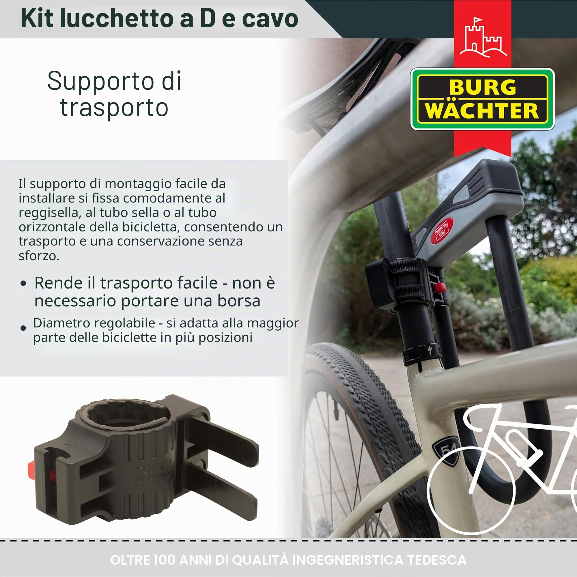 Burg-Wächter Lucchetto a D per bicicletta Gold Sold Secure e cavo di sicurezza da 1,2 m, taglia unica, nero