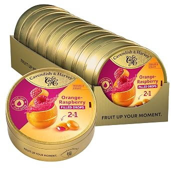 Cavendish & Harvey Double Fruit Drops Orange Raspberry 9 x 175 g Tin Storage Pack Orange with Raspberry Filling Filled Fruit Sweets Vegan Halal Kosher 9 x 175 g